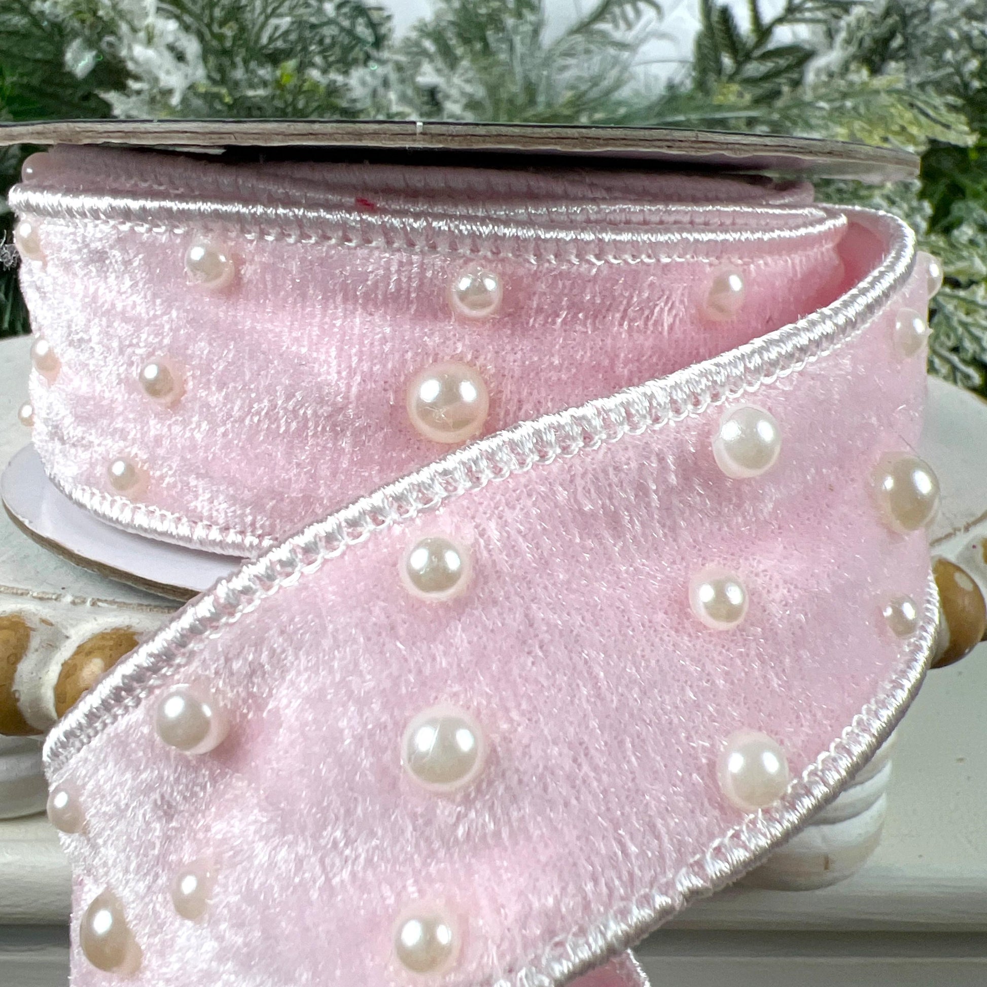 Light Pink Velvet Pearl Ribbon, Jeweled Designer Velvet Trim, Luxury Holiday and Wedding Decor