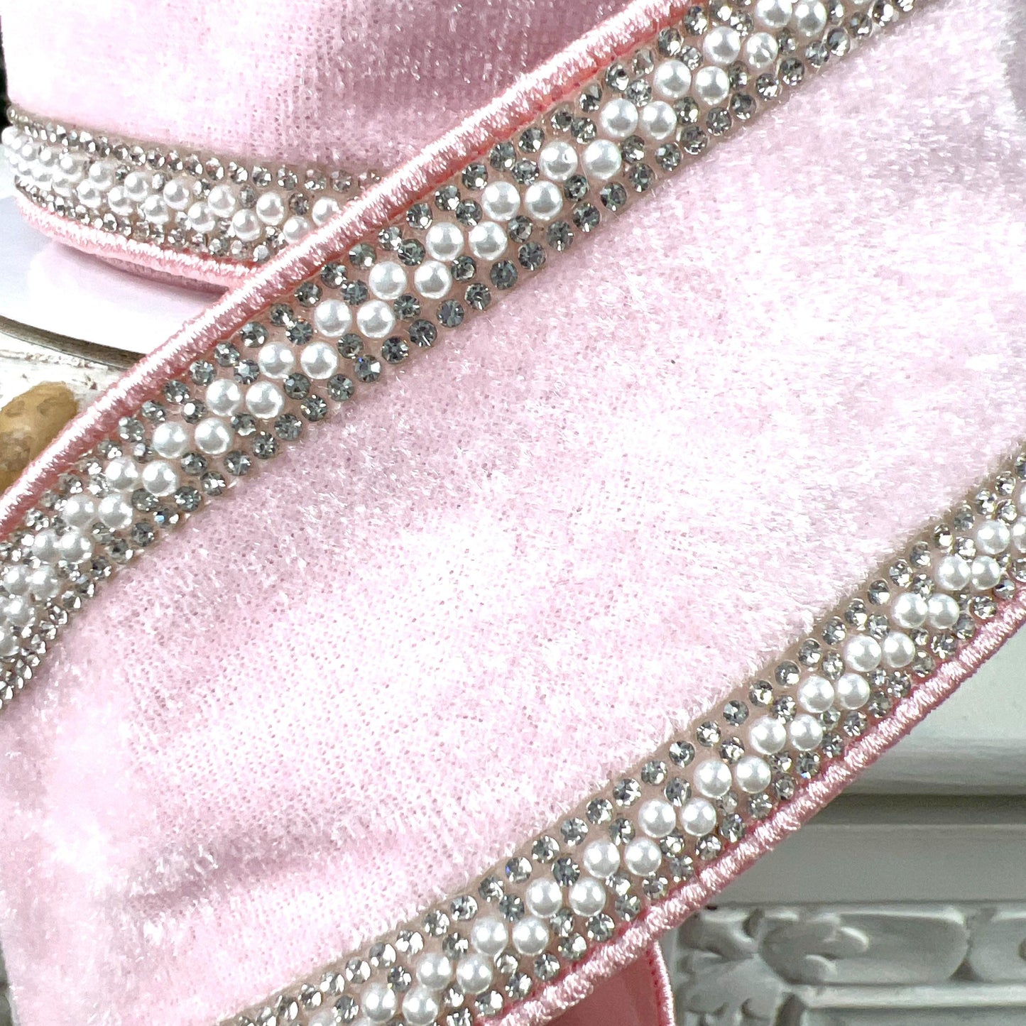 Pink Velvet Ribbon with Pearl and Rhinestone Trim, Elegant Designer Ribbon, Luxury Holiday and Wedding Decor