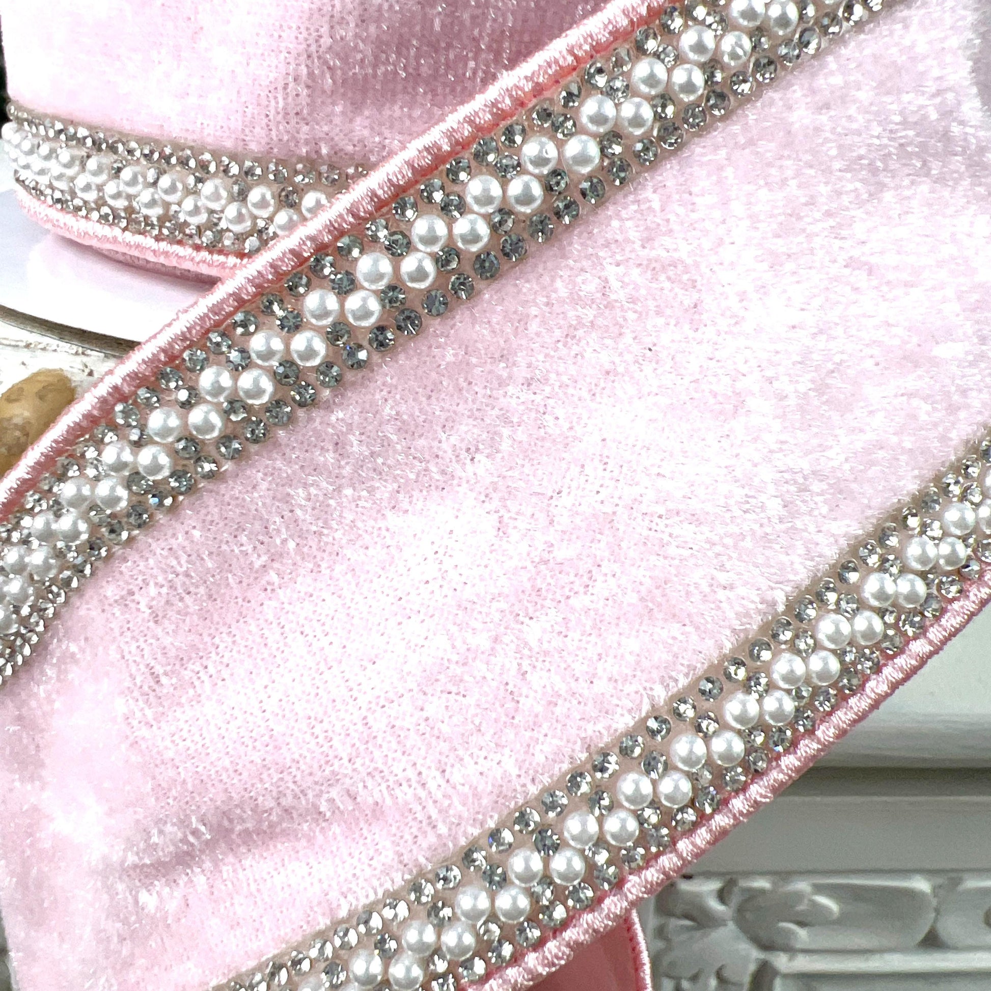Pink Velvet Ribbon with Pearl and Rhinestone Trim, Elegant Designer Ribbon, Luxury Holiday and Wedding Decor