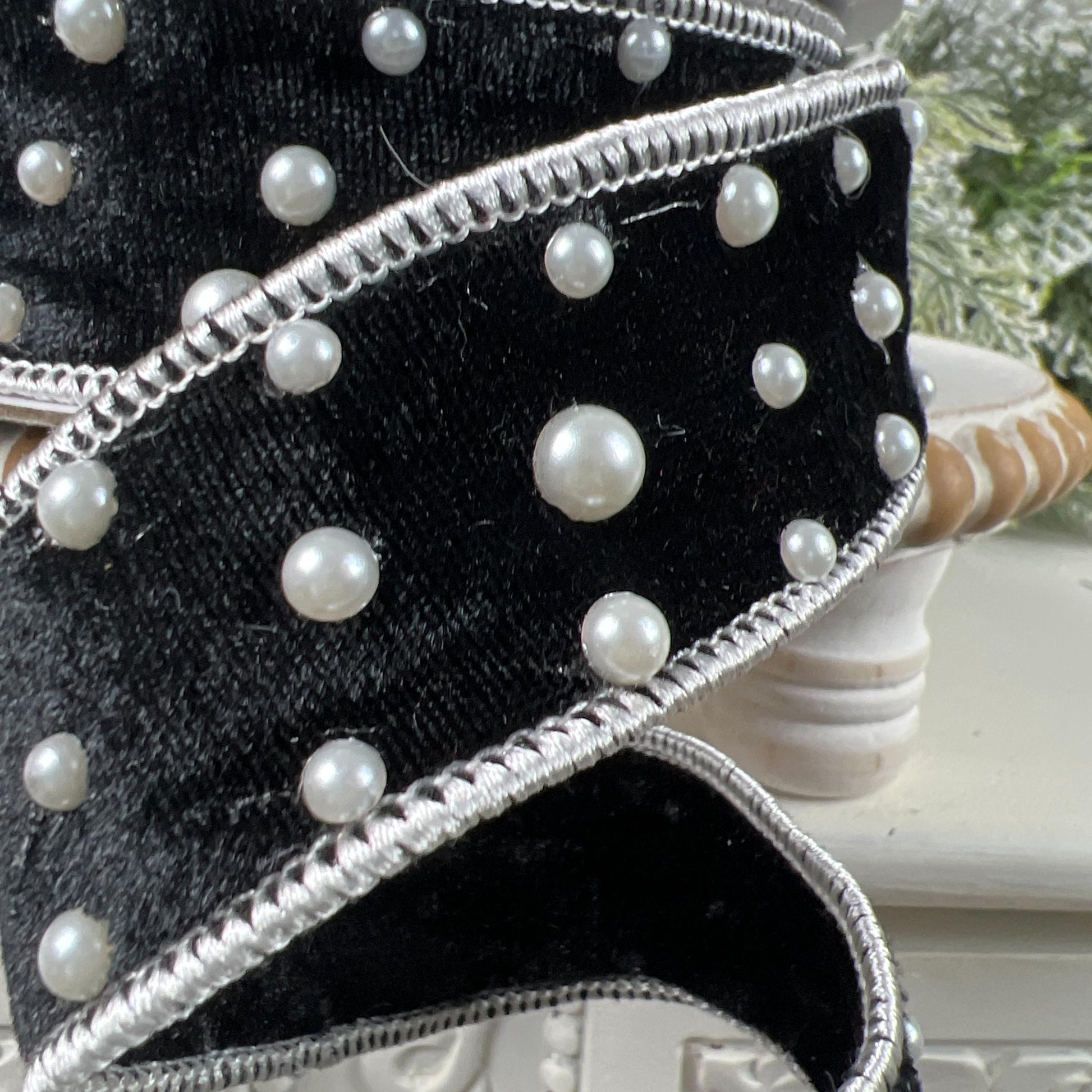 Black Velvet Pearl Ribbon, Luxury Designer Ribbon, Holiday and Wedding Decor