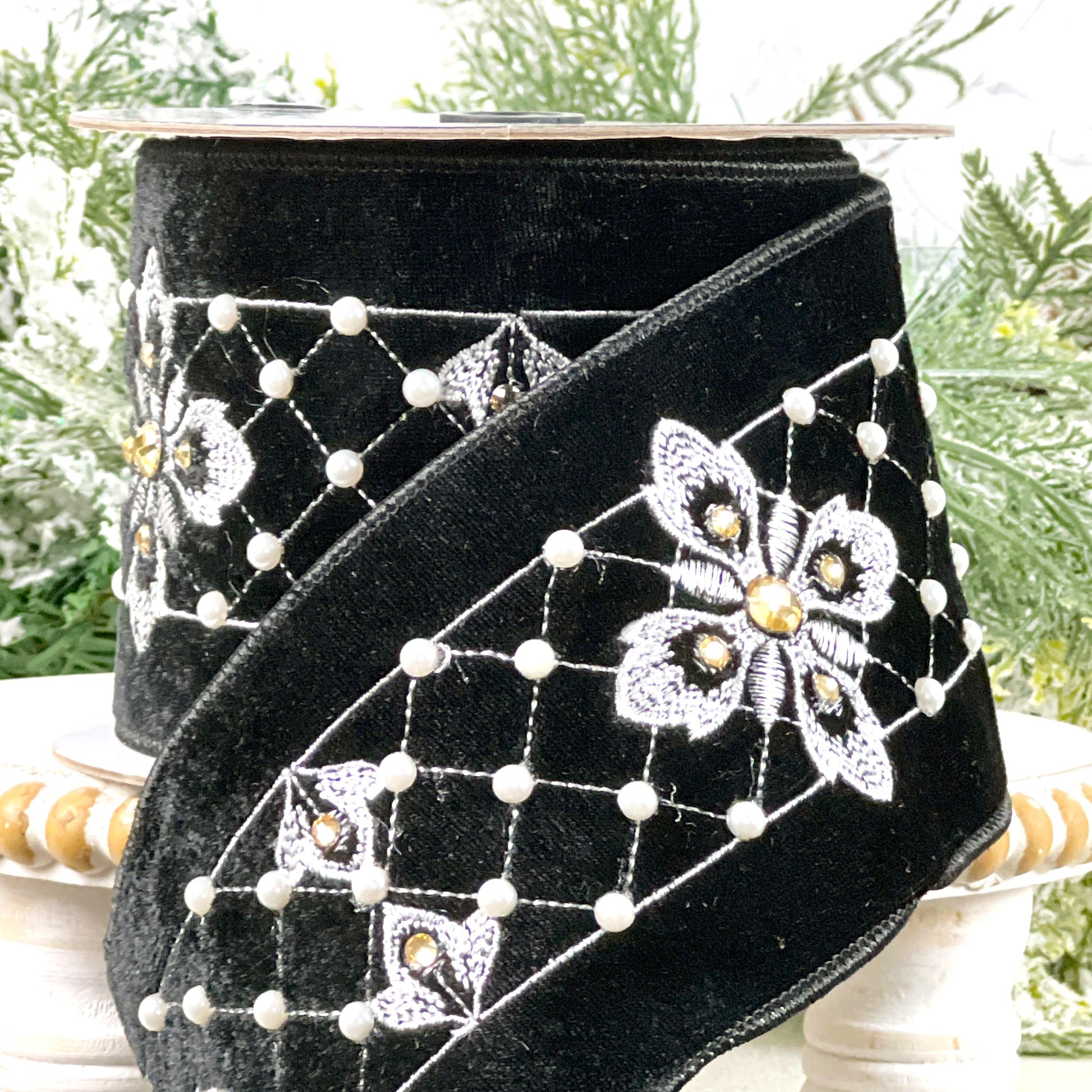 Embroidered Black Velvet Pearl Ribbon, , Elegant Designer Ribbon