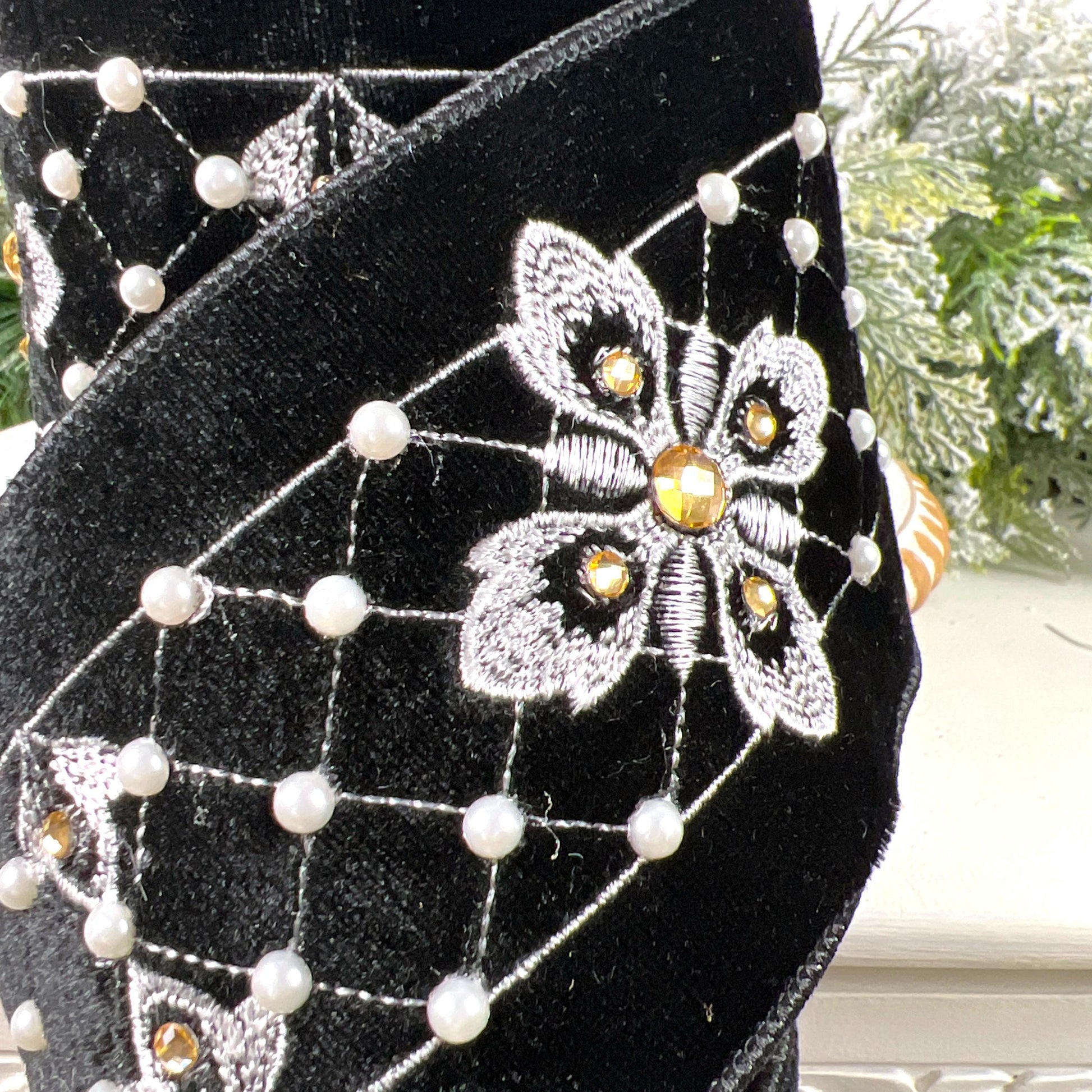 Embroidered Black Velvet Pearl Ribbon, , Elegant Designer Ribbon