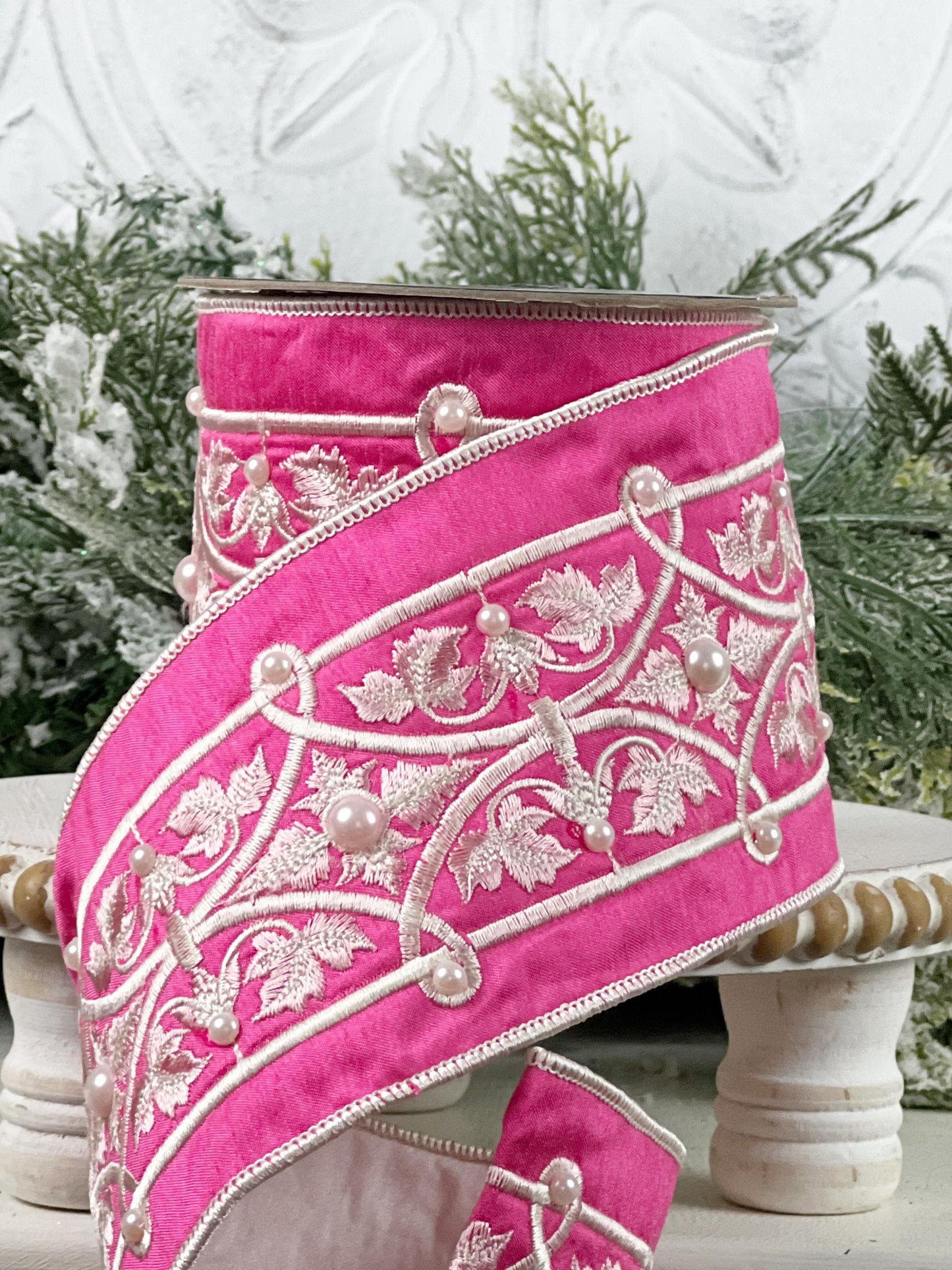 Embroidered Pink Velvet Pearl Ribbon, Pink and White Designer Ribbon, Elegant Luxury Ribbon for Holiday and Wedding Decor