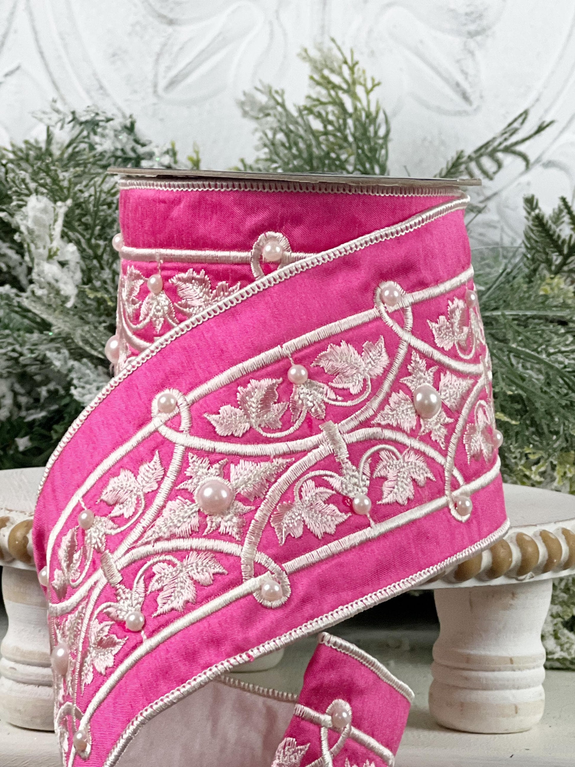 Embroidered Pink Velvet Pearl Ribbon, Pink and White Designer Ribbon, Elegant Luxury Ribbon for Holiday and Wedding Decor