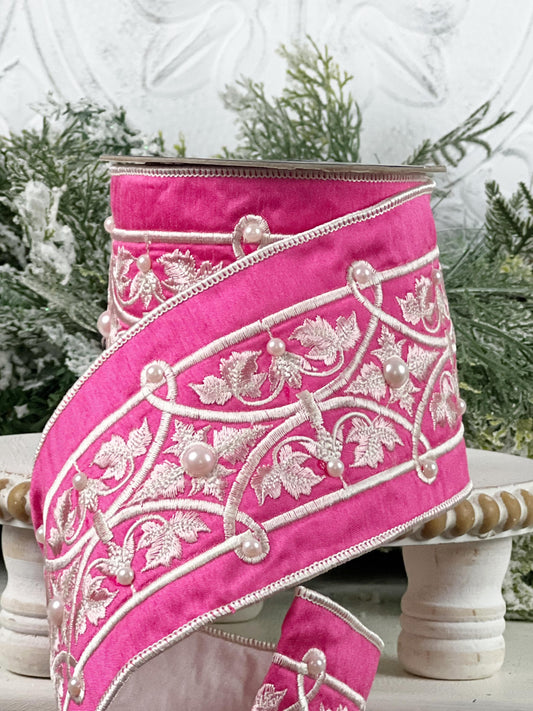 Embroidered Pink Velvet Pearl Ribbon, Pink and White Designer Ribbon, Elegant Luxury Ribbon for Holiday and Wedding Decor