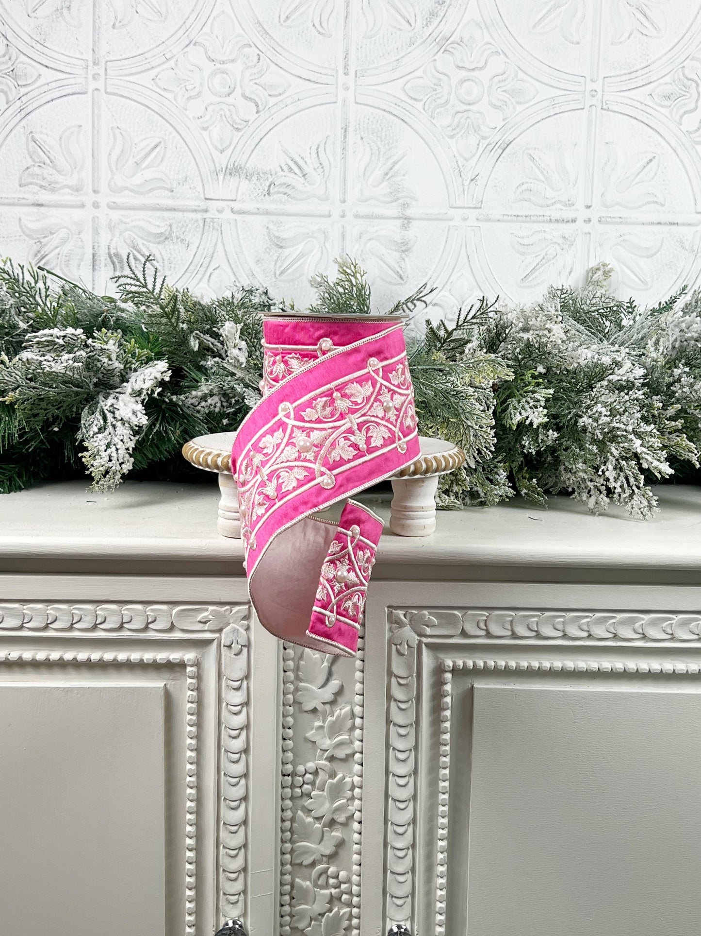 Embroidered Pink Velvet Pearl Ribbon, Pink and White Designer Ribbon, Elegant Luxury Ribbon for Holiday and Wedding Decor