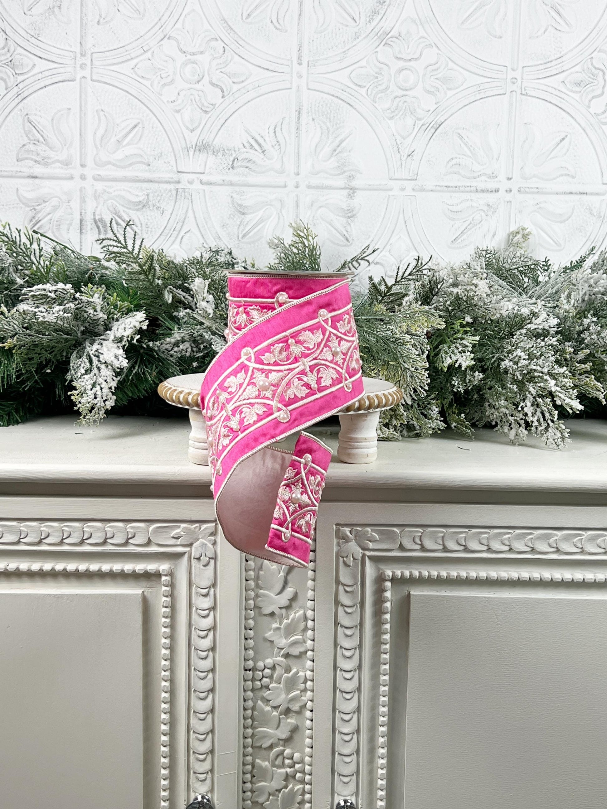 Embroidered Pink Velvet Pearl Ribbon, Pink and White Designer Ribbon, Elegant Luxury Ribbon for Holiday and Wedding Decor