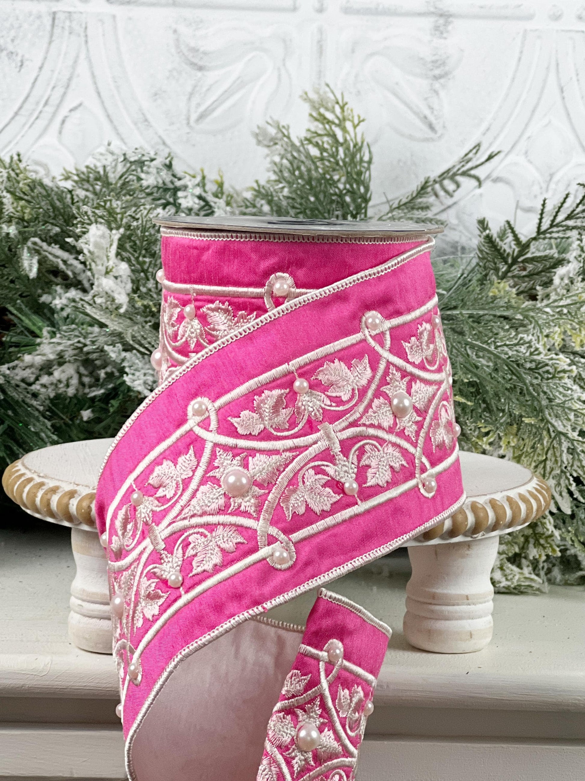 Embroidered Pink Velvet Pearl Ribbon, Pink and White Designer Ribbon, Elegant Luxury Ribbon for Holiday and Wedding Decor