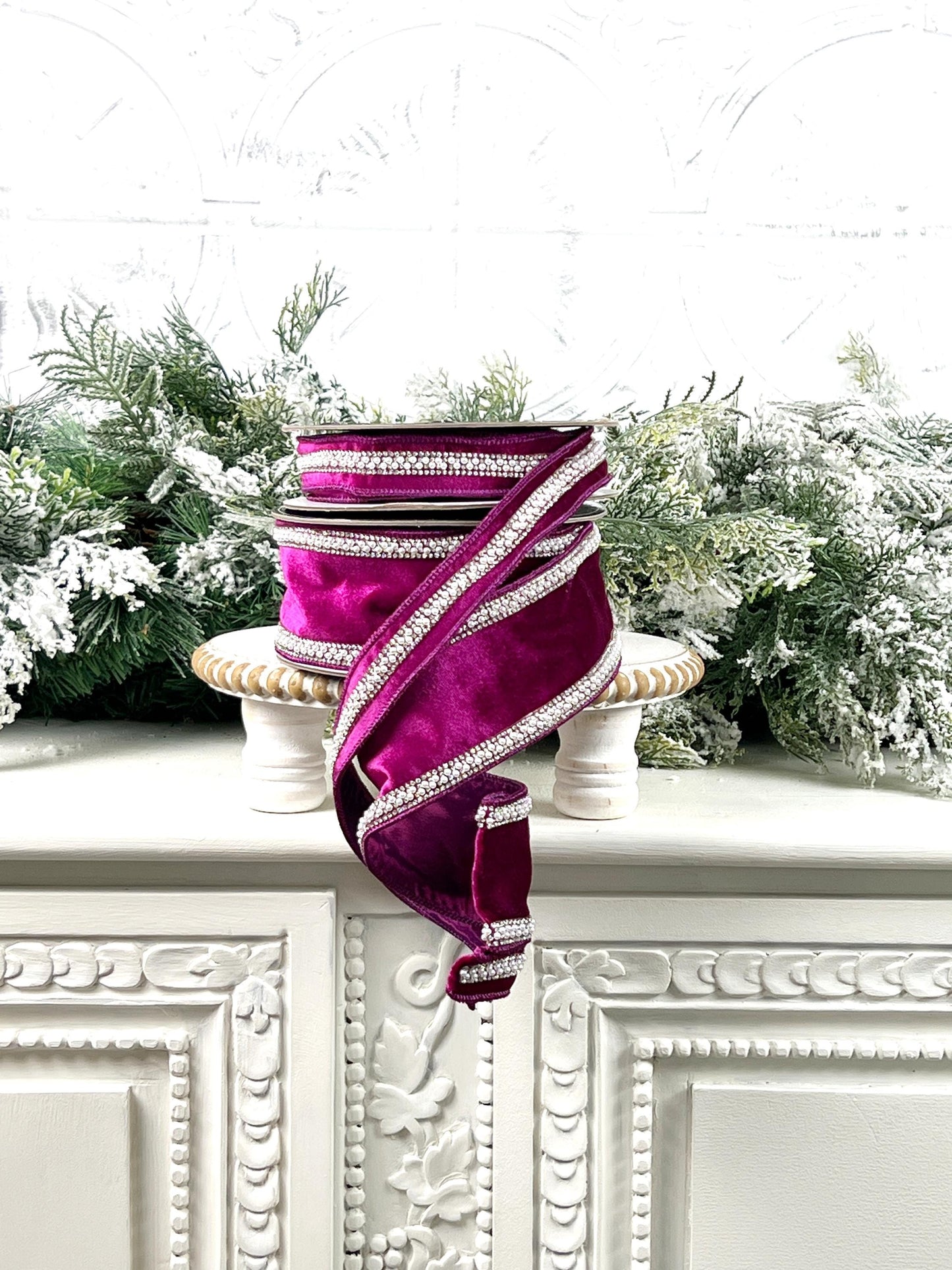Purple Velvet Ribbon with Pearl and Rhinestone Trim, Luxury Designer Ribbon, Jeweled Velvet Ribbon