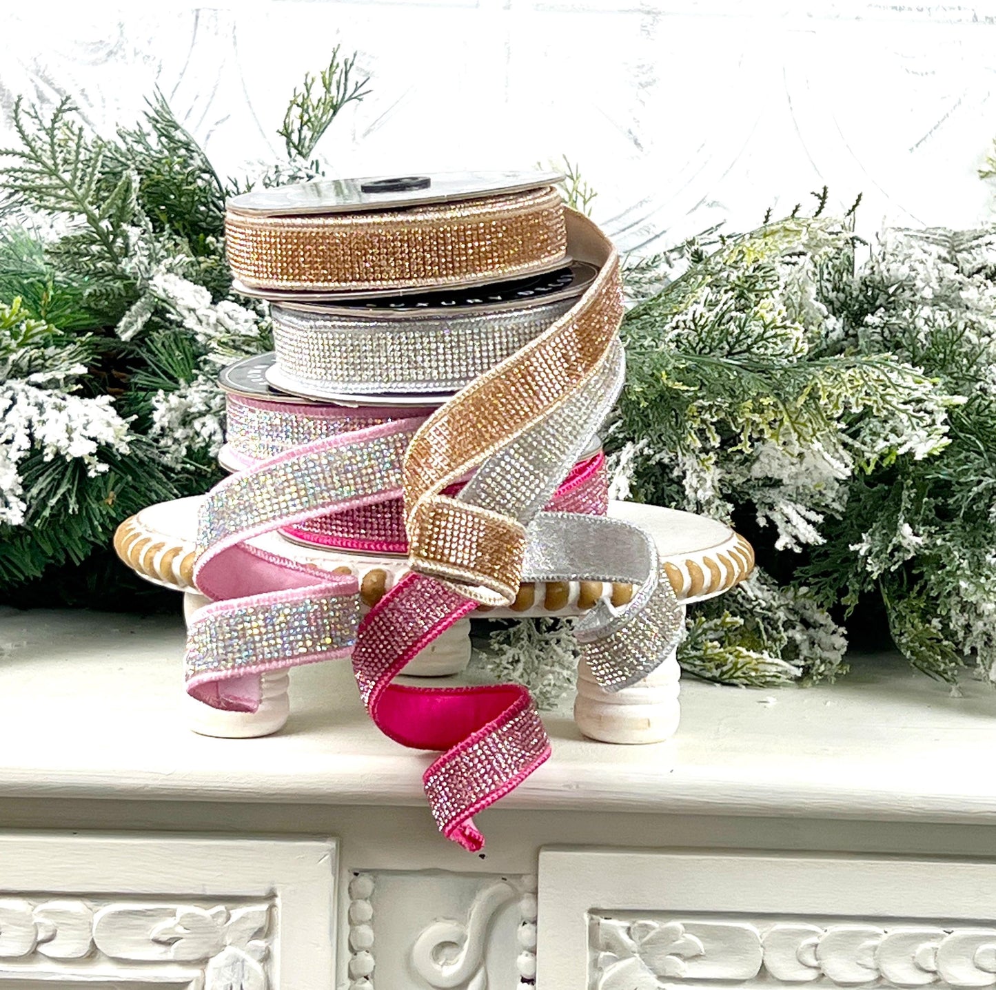 Champagne Rhinestone Ribbon, Ivory Dupion Ribbon with Rhinestone Trim, Elegant Designer Ribbon for Holiday and Wedding Decor