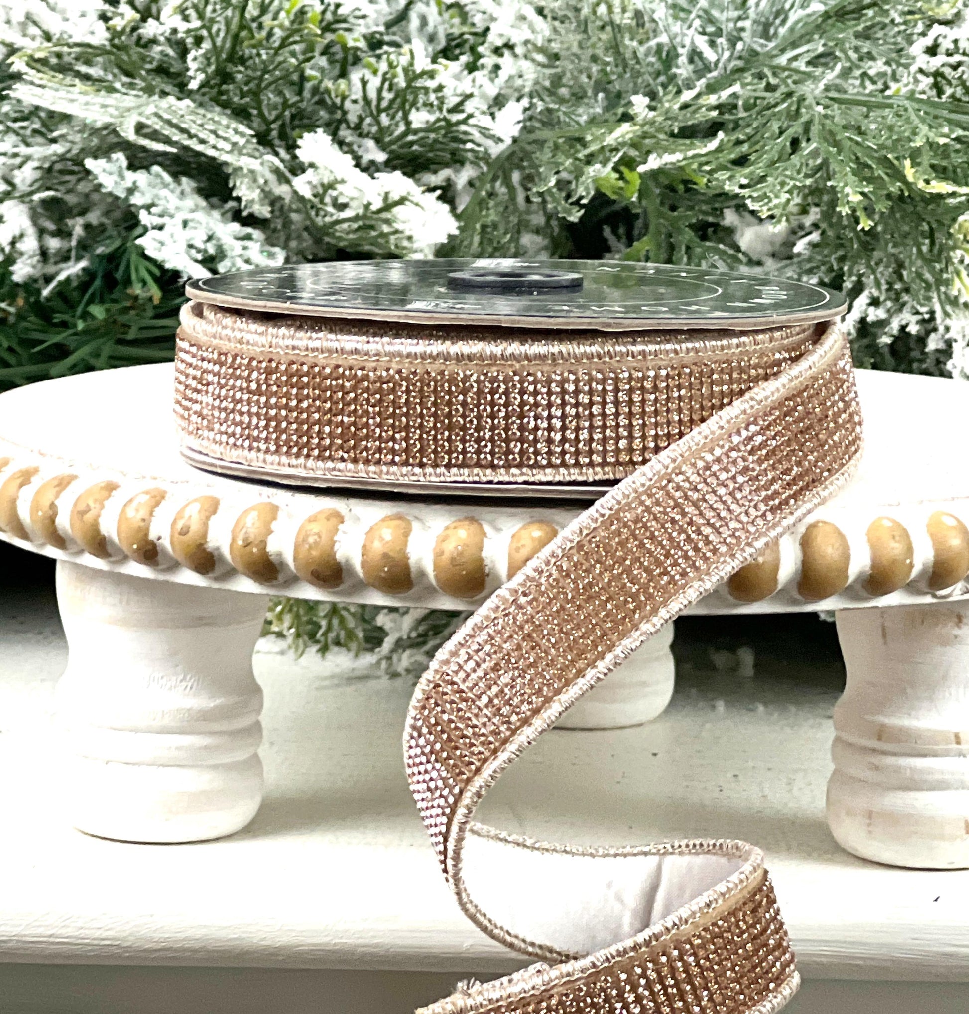 Champagne Rhinestone Ribbon, Ivory Dupion Ribbon with Rhinestone Trim, Elegant Designer Ribbon for Holiday and Wedding Decor