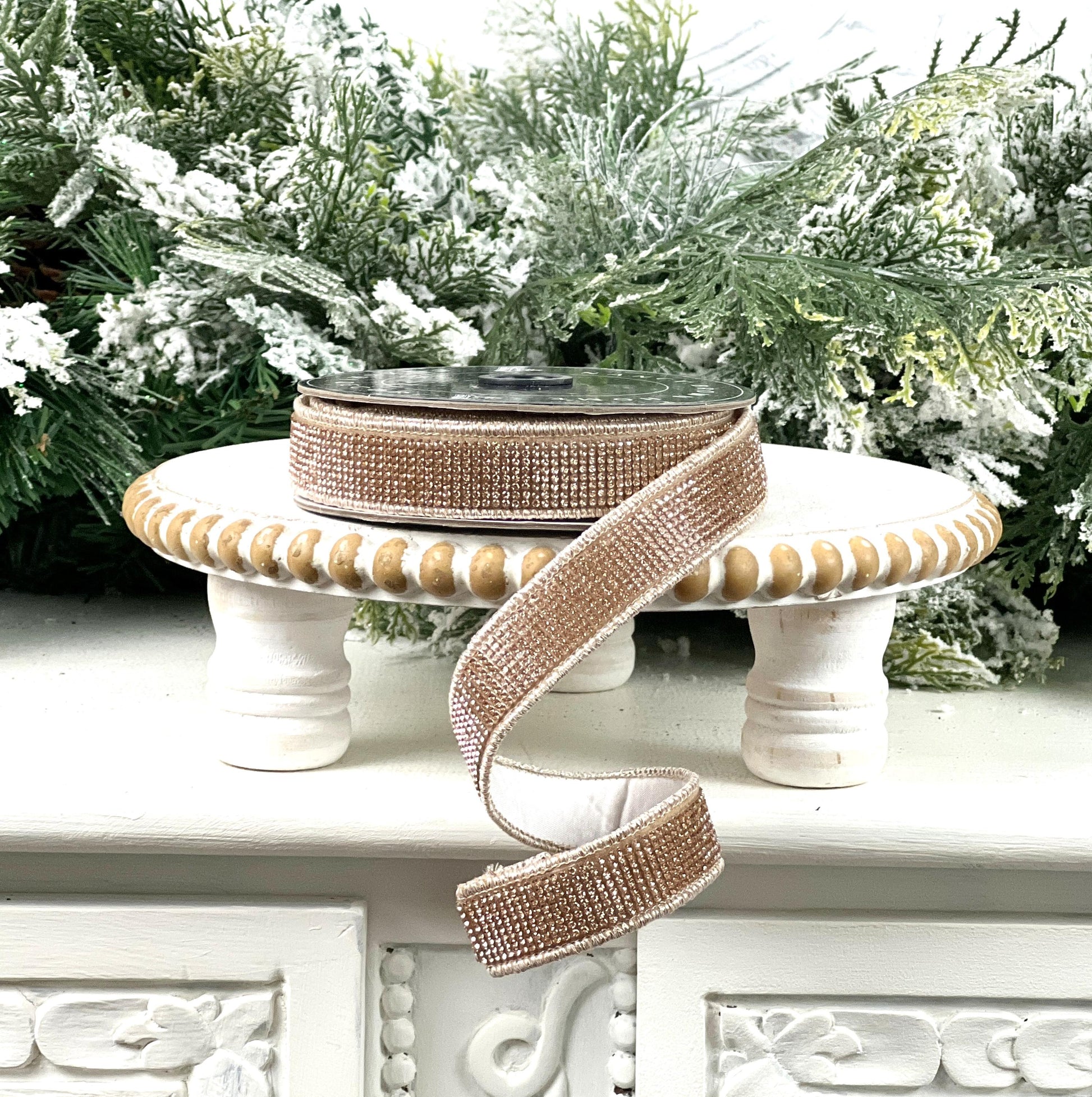 Champagne Rhinestone Ribbon, Ivory Dupion Ribbon with Rhinestone Trim, Elegant Designer Ribbon for Holiday and Wedding Decor