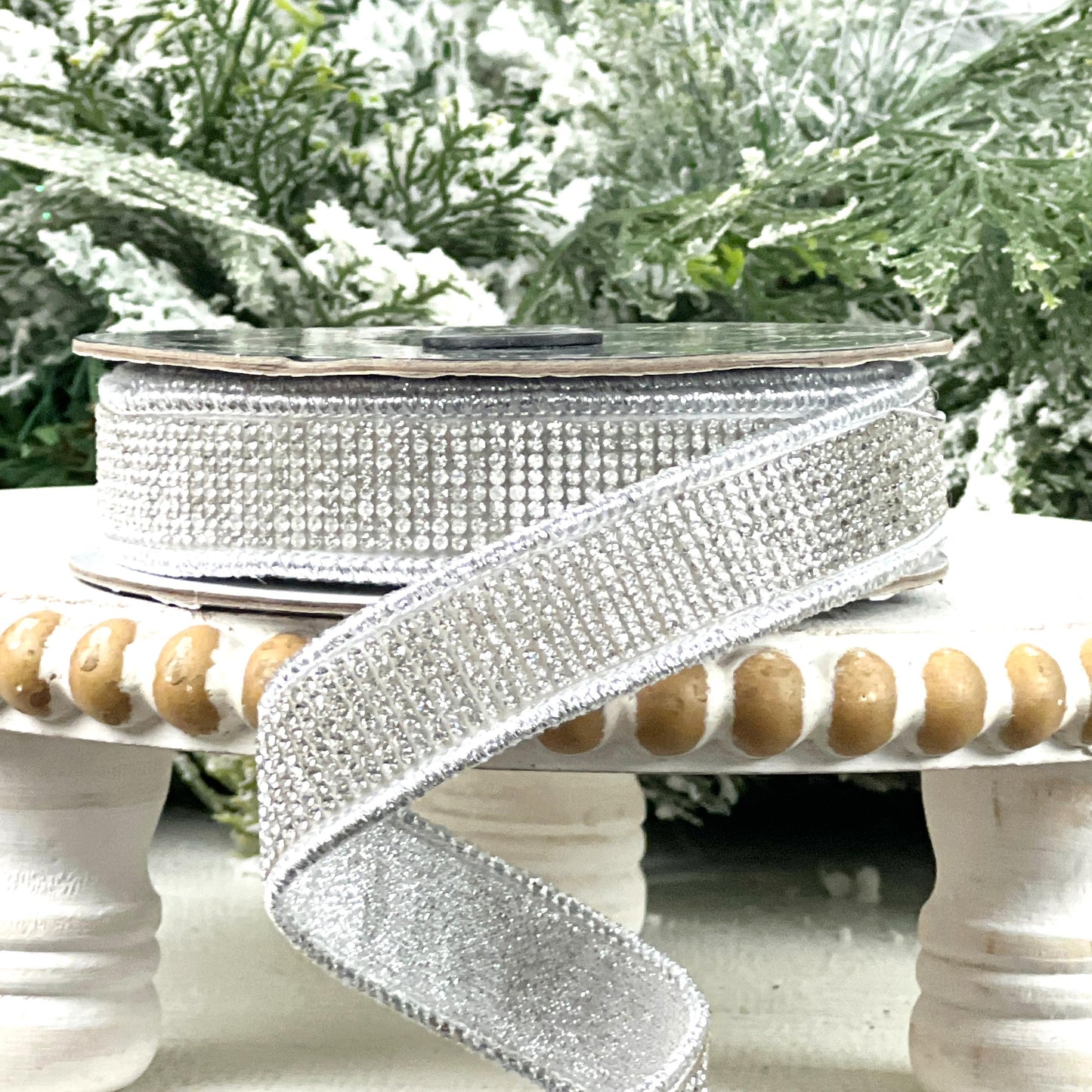 Silver Rhinestone Ribbon, Silver Dupion Ribbon with Rhinestone Trim, Jeweled Ribbon for Holiday and Wedding Decor