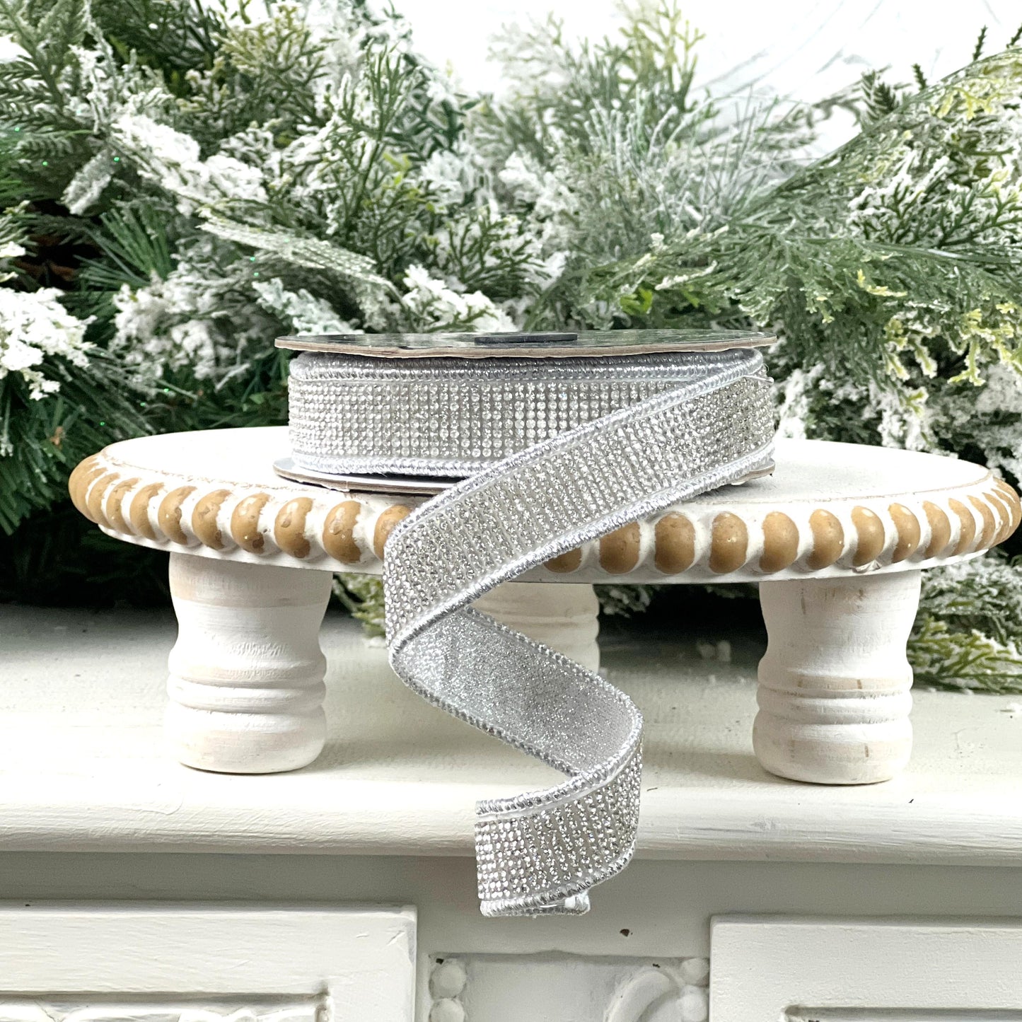 Silver Rhinestone Ribbon, Silver Dupion Ribbon with Rhinestone Trim, Jeweled Ribbon for Holiday and Wedding Decor