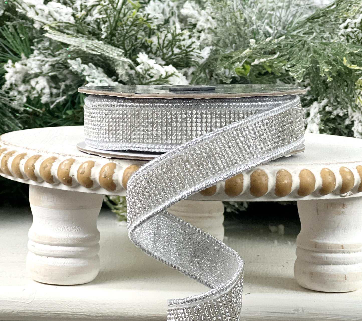 Silver Rhinestone Ribbon, Silver Dupion Ribbon with Rhinestone Trim, Jeweled Ribbon for Holiday and Wedding Decor