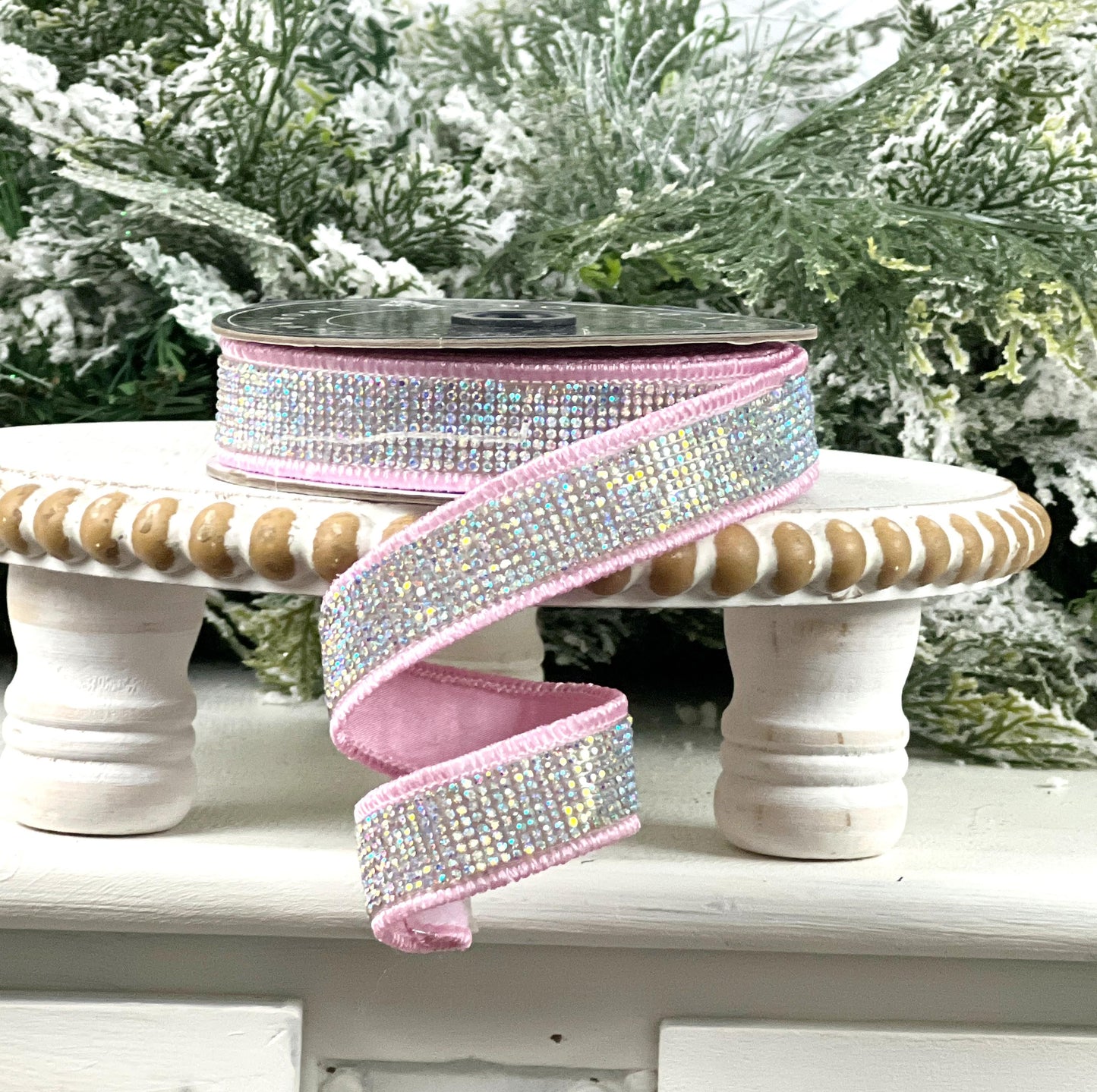 Light Pink Rhinestone Ribbon, Pink Dupion Ribbon with Rhinestone Trim, Light Pink Jeweled Ribbon