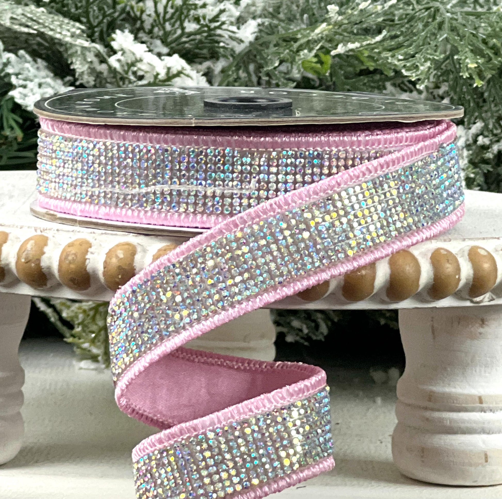 Light Pink Rhinestone Ribbon, Pink Dupion Ribbon with Rhinestone Trim, Light Pink Jeweled Ribbon