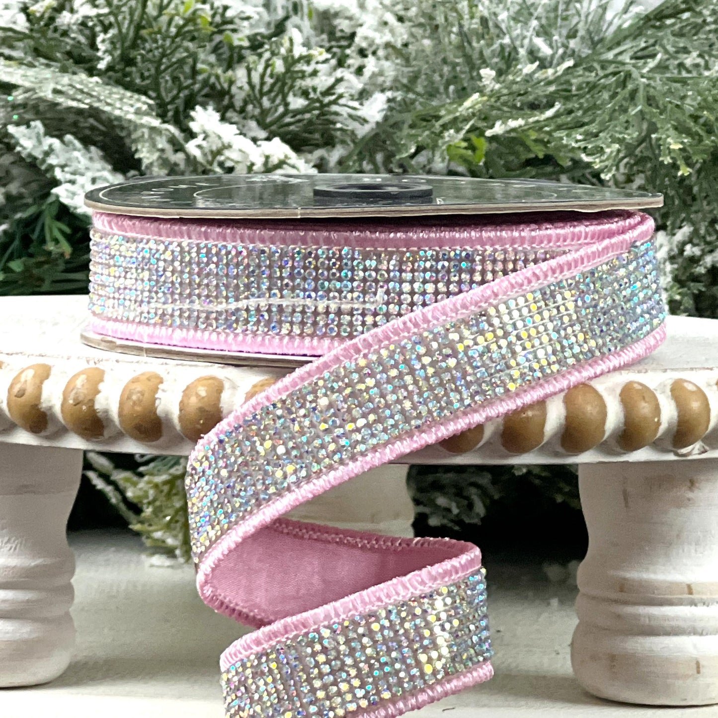 Light Pink Rhinestone Ribbon, Pink Dupion Ribbon with Rhinestone Trim, Light Pink Jeweled Ribbon