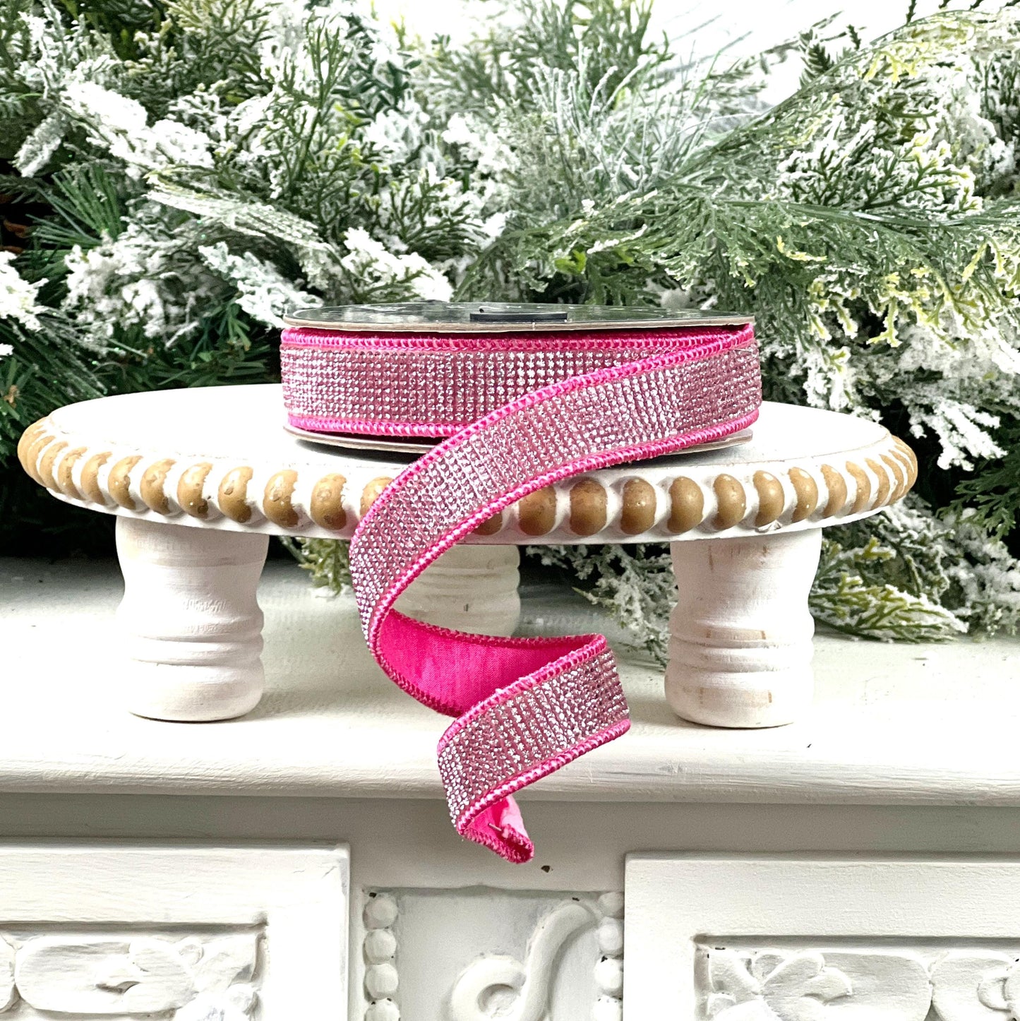 Hot Pink Rhinestone Ribbon, Fuchsia Dupion Ribbon with Rhinestone Trim, Jeweled Designer Ribbon for Holiday and Wedding Decor