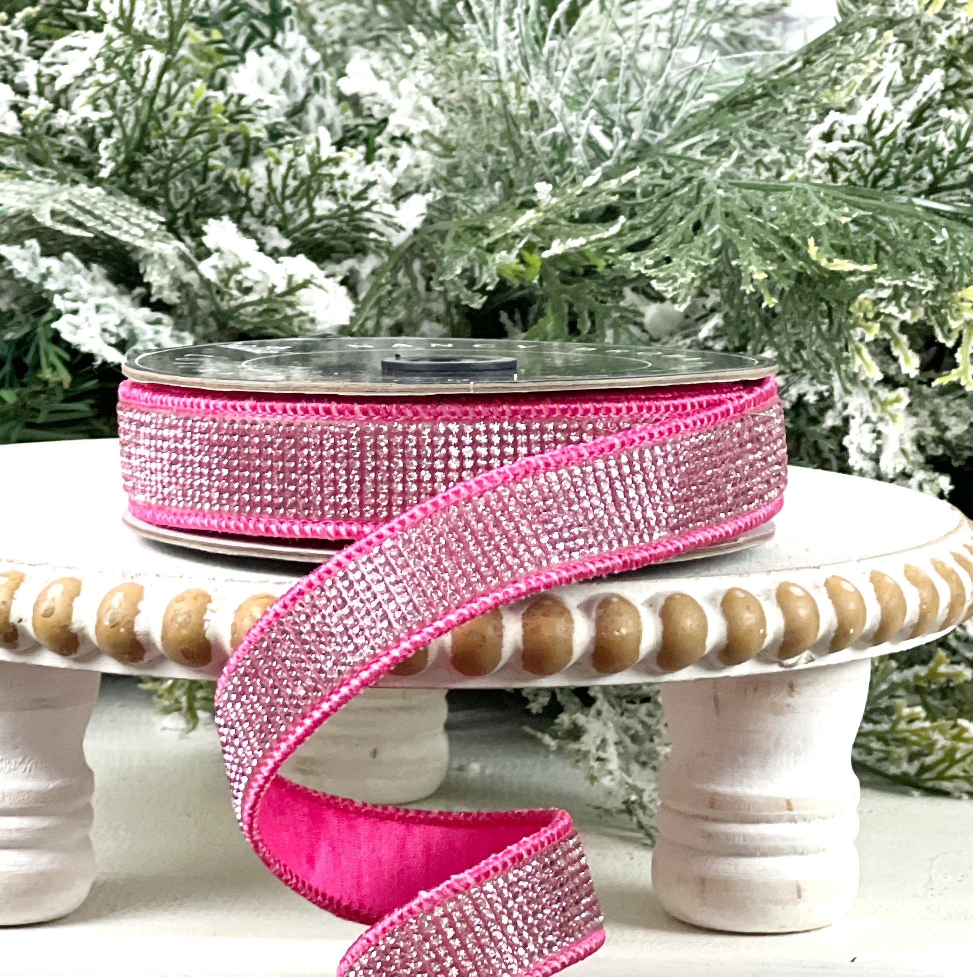 Hot Pink Rhinestone Ribbon, Fuchsia Dupion Ribbon with Rhinestone Trim, Jeweled Designer Ribbon for Holiday and Wedding Decor