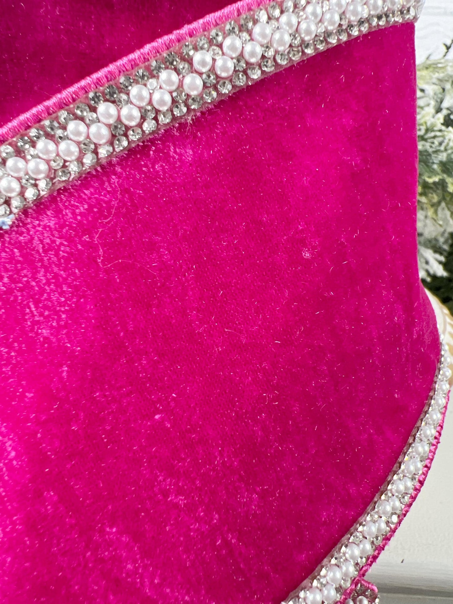 Hot Pink Jeweled Velvet Ribbon, Velvet Ribbon with Pearl and Rhinestone Trim, Luxury Designer Ribbon for Holiday and Wedding Decor