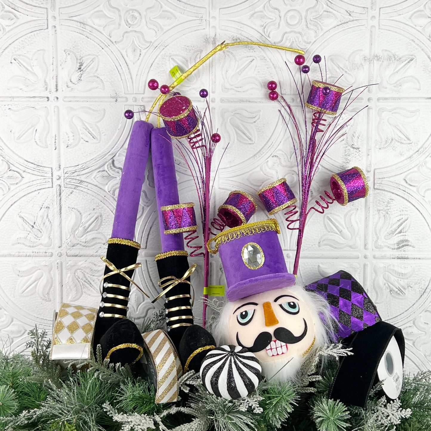 Nutcracker Wreath Attachment, Purple Nutcracker Decor with Drums & Holiday Sprays, Designer Christmas Craft Supply