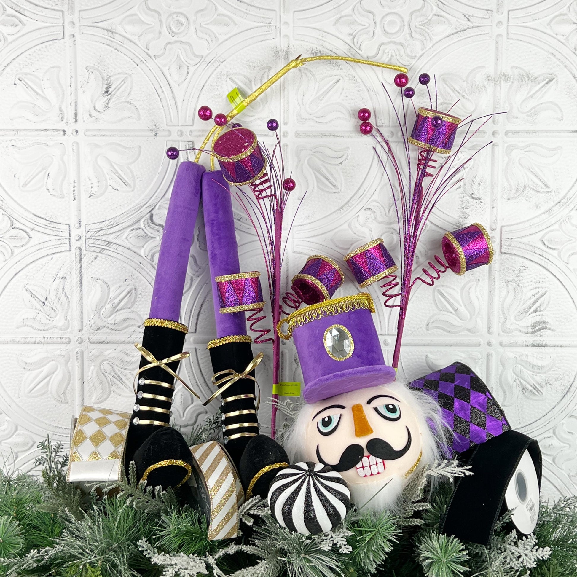 Nutcracker Wreath Attachment, Purple Nutcracker Decor with Drums & Holiday Sprays, Designer Christmas Craft Supply