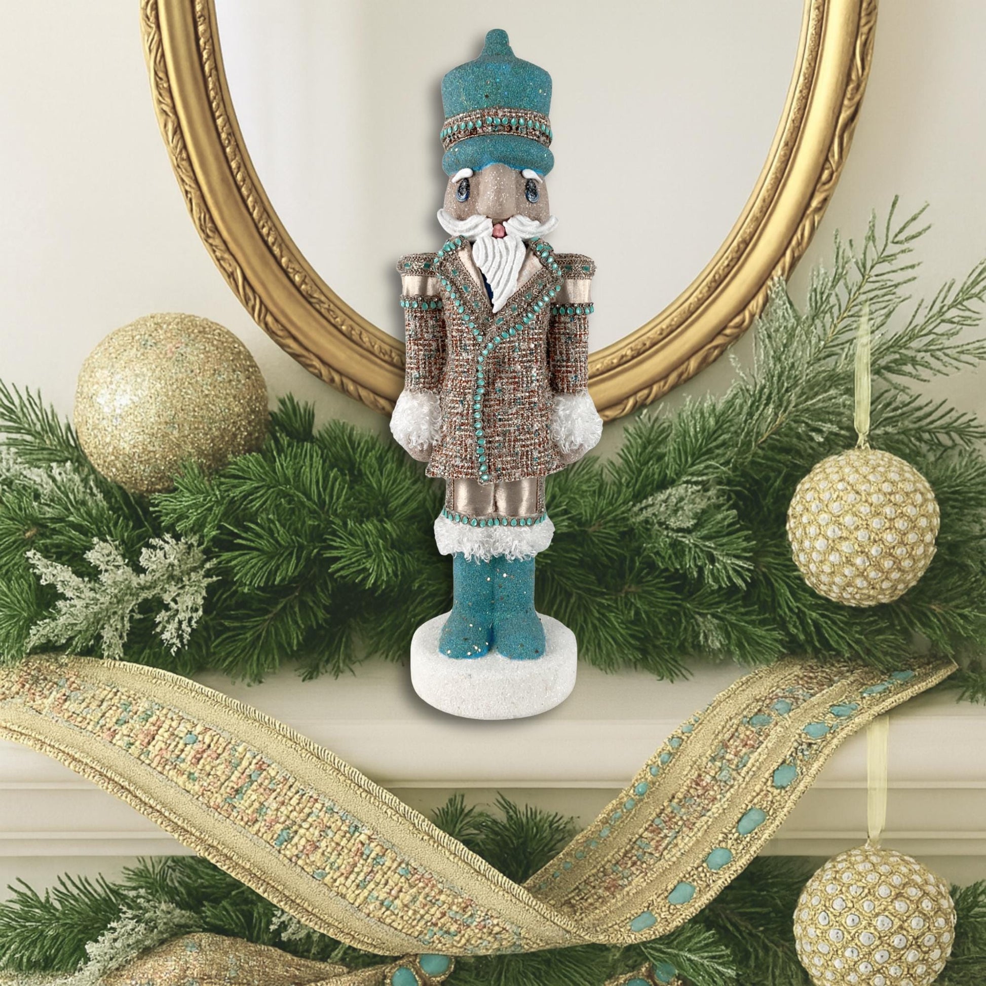 Elegant Blue and Gold Handmade Lg Designer Couture Nutcracker, Unique Holiday Home Decor, Gift for Dancer, Luxe Holiday Display