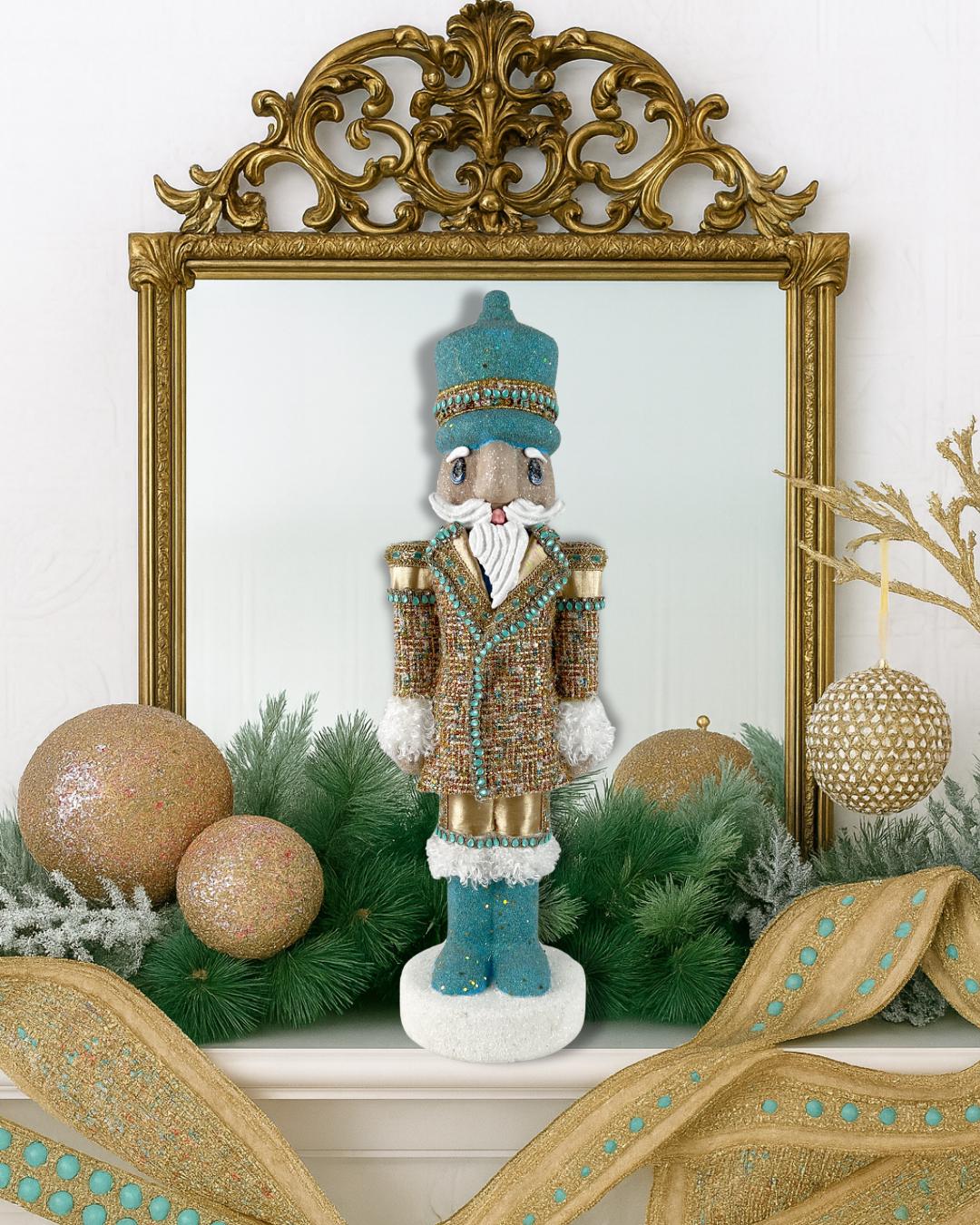 Elegant Blue and Gold Handmade Lg Designer Couture Nutcracker, Unique Holiday Home Decor, Gift for Dancer, Luxe Holiday Display