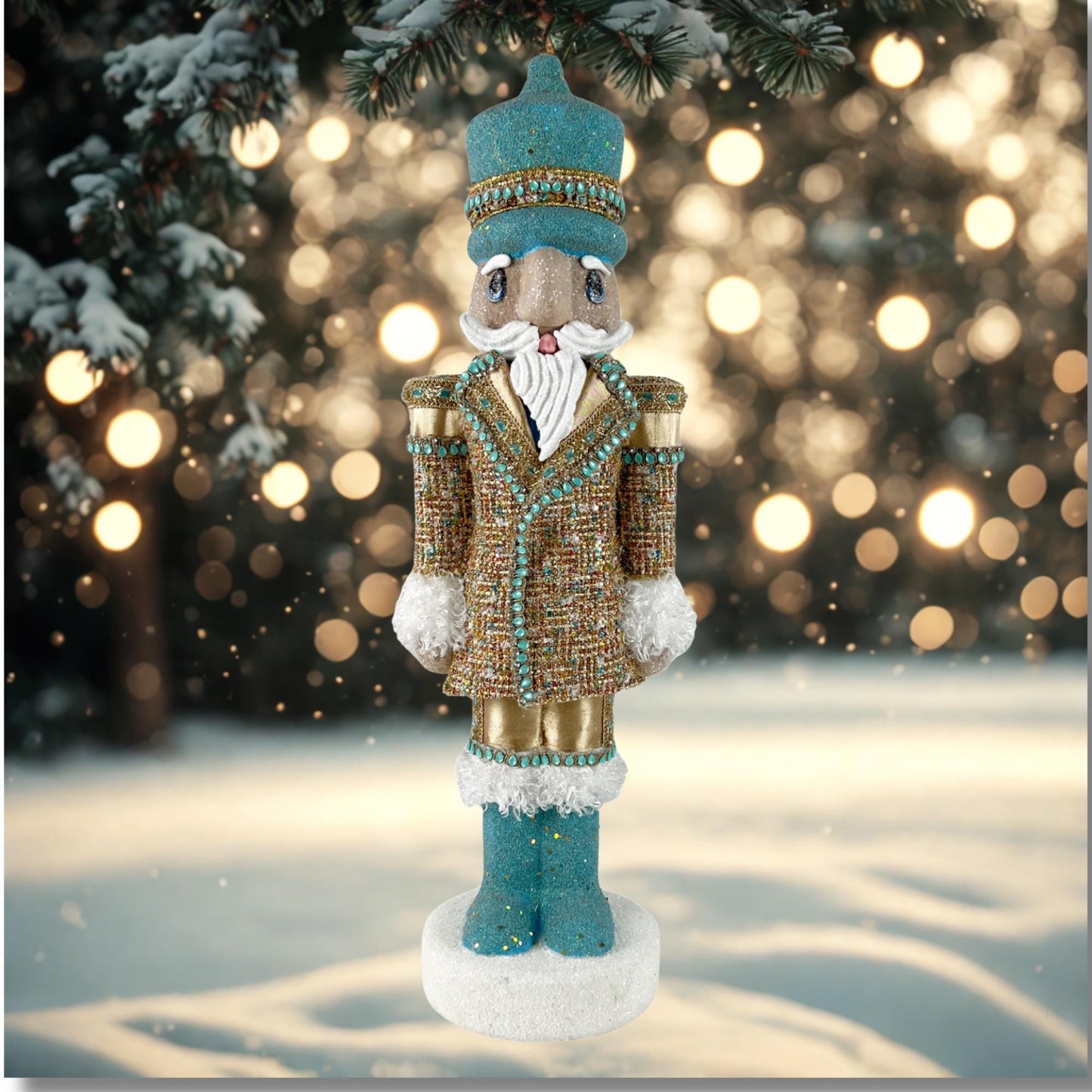 Elegant Blue and Gold Handmade Lg Designer Couture Nutcracker, Unique Holiday Home Decor, Gift for Dancer, Luxe Holiday Display