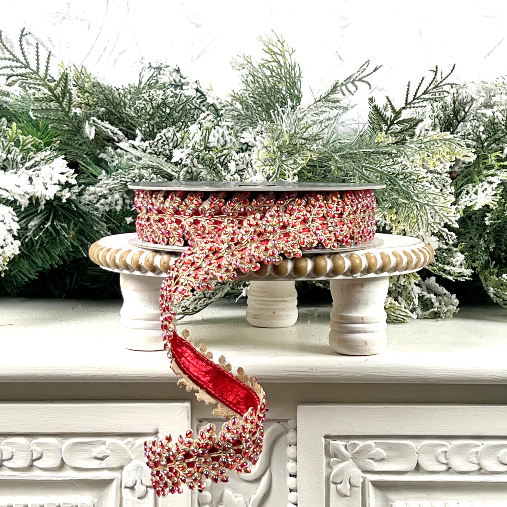 Farrisilk Red Jeweled Ribbon, Gold Embellished Designer Trim, Red and Gold Ribbon for Holiday, Wedding, or Valentine Decor