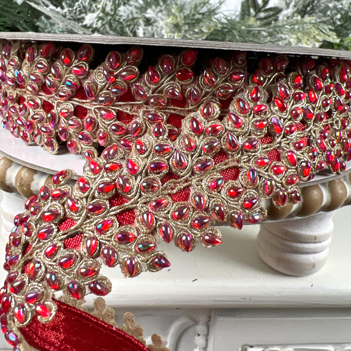 Farrisilk Red Jeweled Ribbon, Gold Embellished Designer Trim, Red and Gold Ribbon for Holiday, Wedding, or Valentine Decor