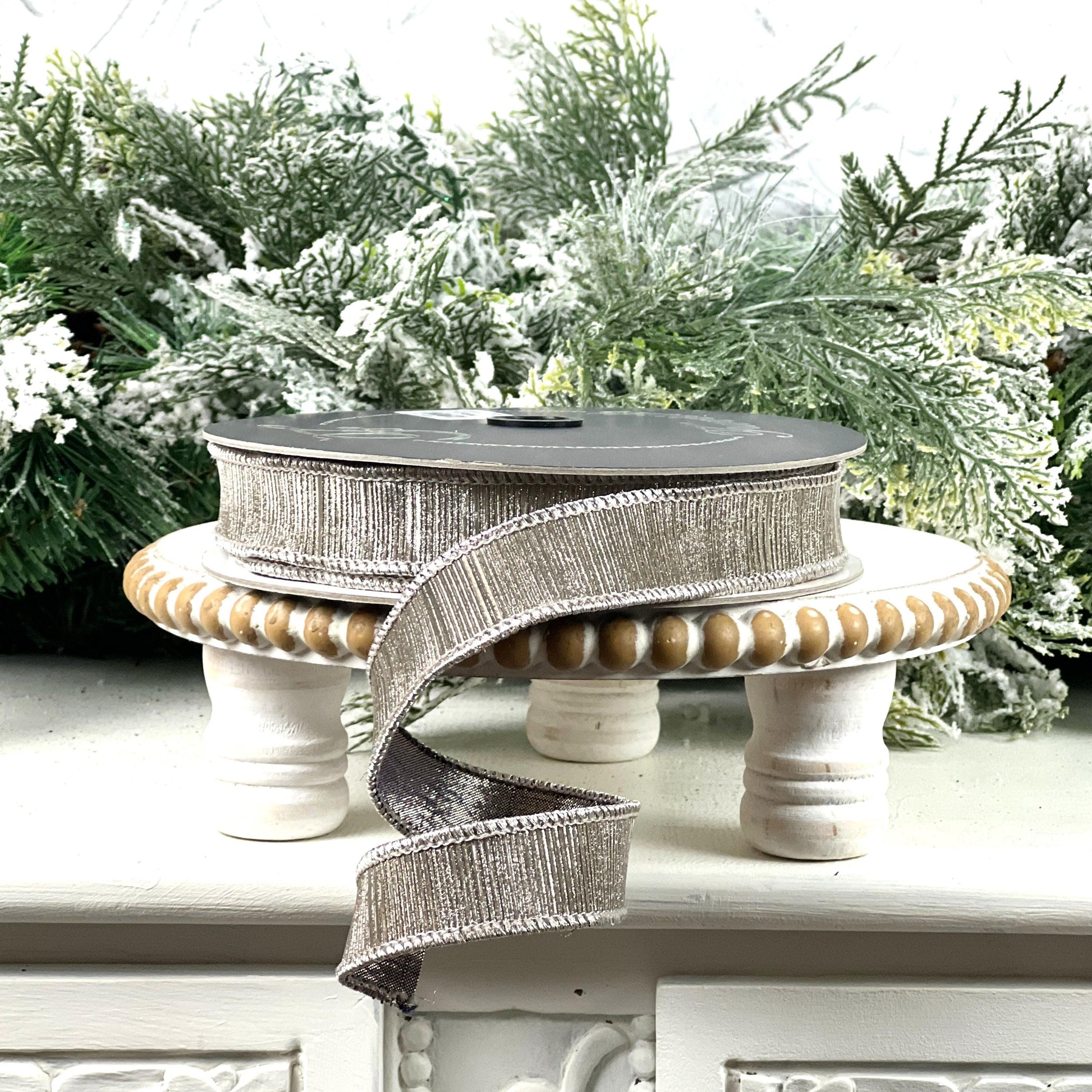 Farrisilk Metallic Pewter Ribbon, Silver Designer Ribbon, Elegant Holiday and Year Round Home Decor Trim