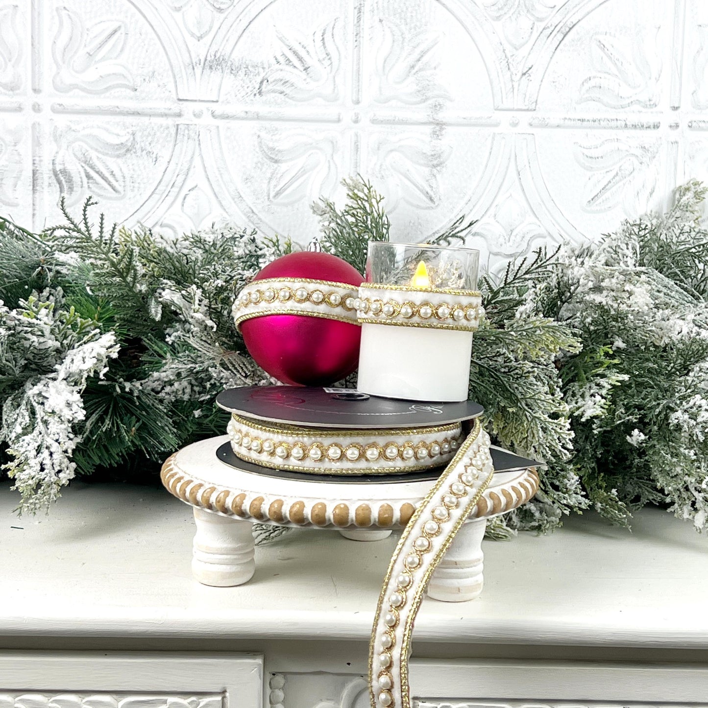 Farrisilk Pearl Border Ornamate, Ivory Velvet Ribbon with Pearls and Gold Trim, Self-Adhesive Designer Ribbon for Holiday or Wedding Decor