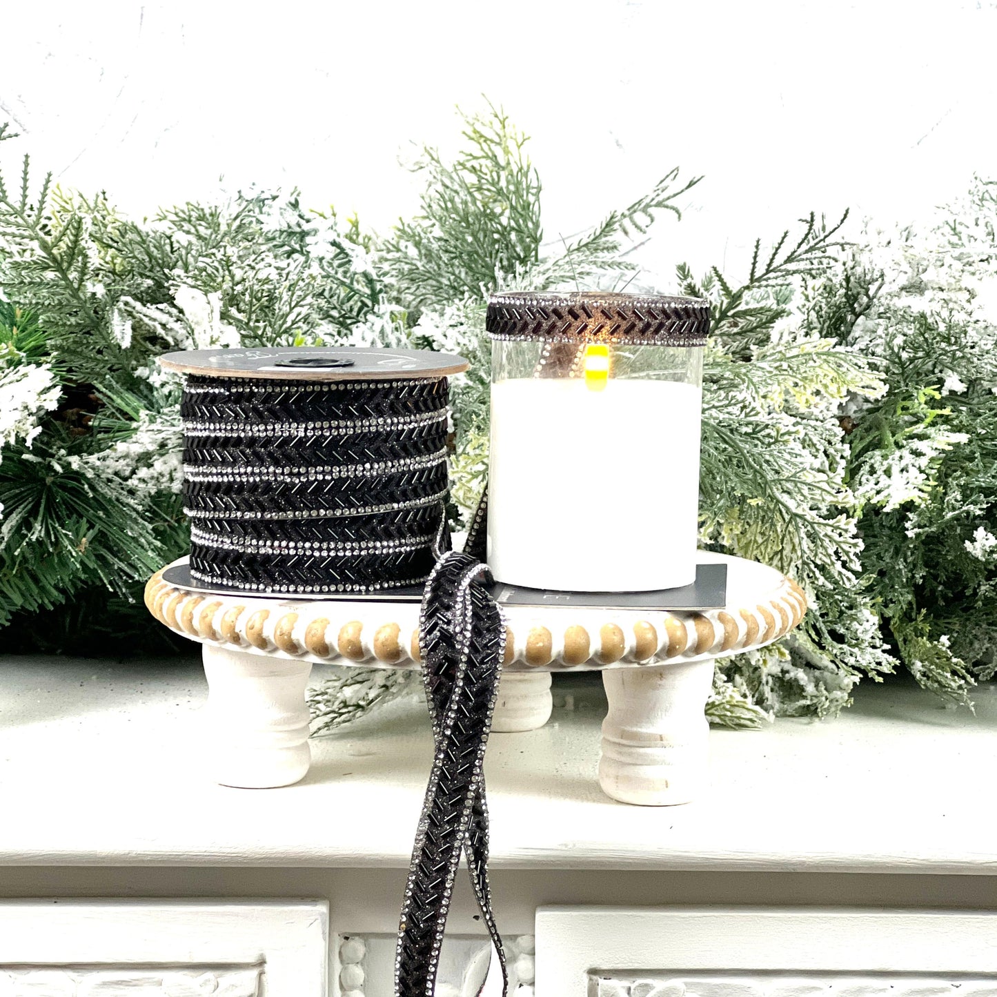 Farrisilk Black Baguette Jewel Ornamate, Self-Adhesive Black Ribbon with Rhinestones, Elegant Designer Trim for Holiday or Event Decor