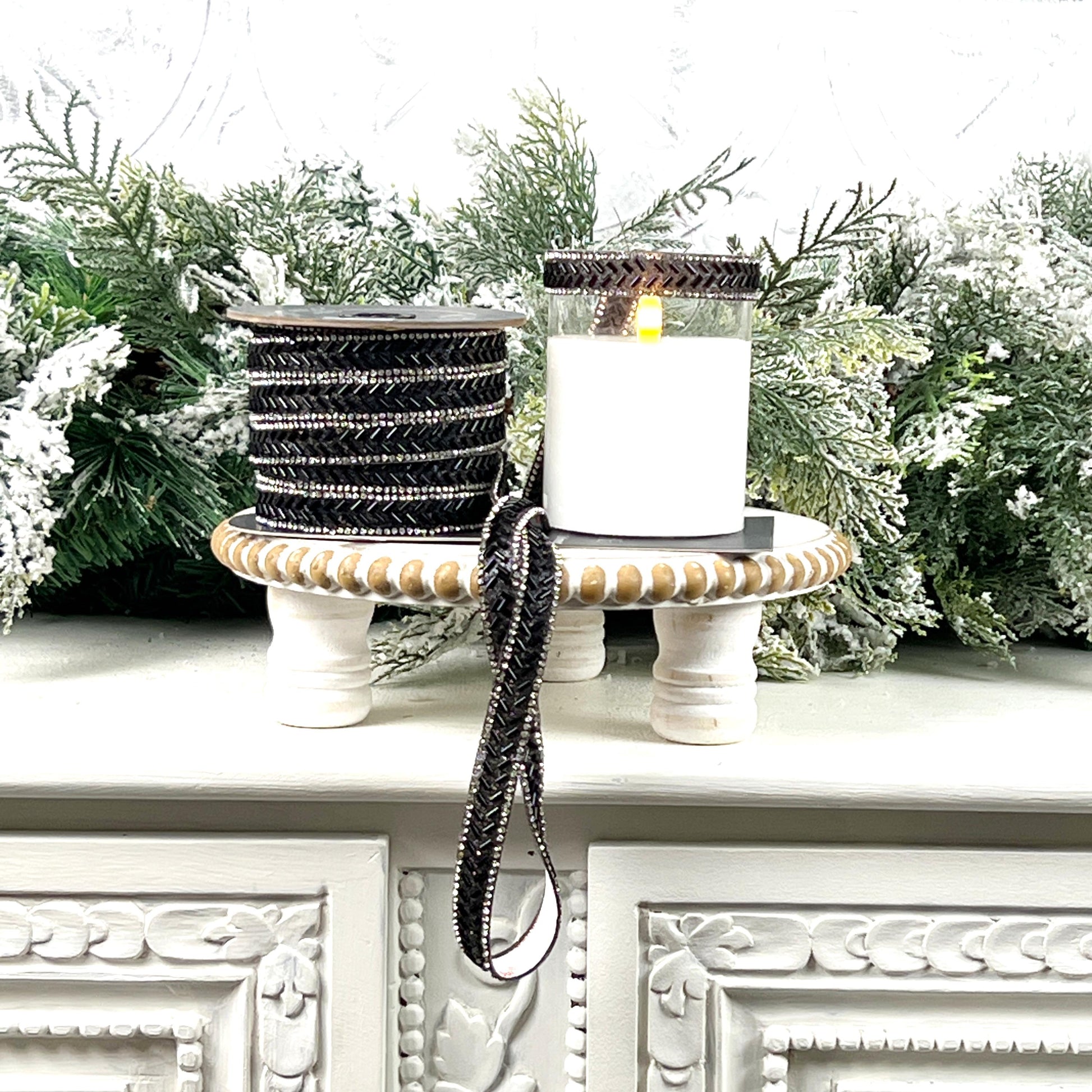 Farrisilk Black Baguette Jewel Ornamate, Self-Adhesive Black Ribbon with Rhinestones, Elegant Designer Trim for Holiday or Event Decor