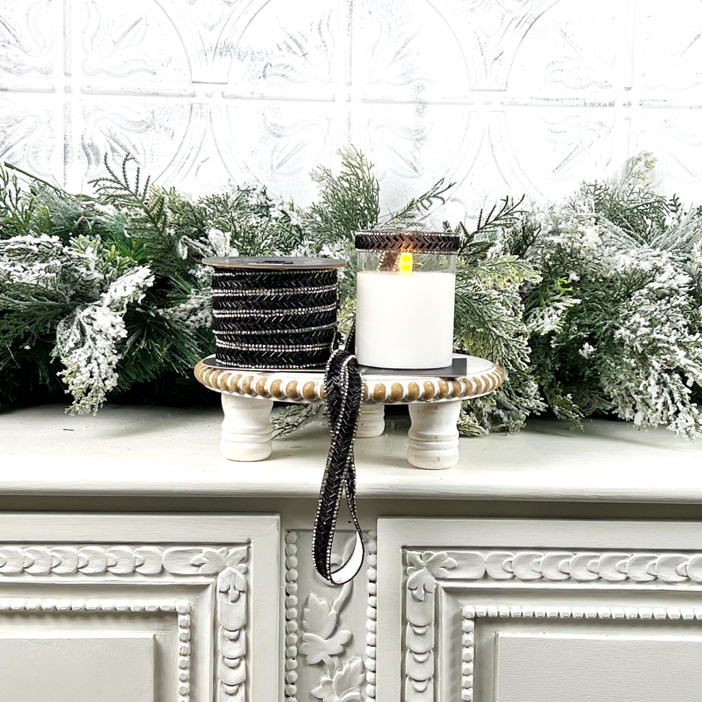 Farrisilk Black Baguette Jewel Ornamate, Self-Adhesive Black Ribbon with Rhinestones, Elegant Designer Trim for Holiday or Event Decor