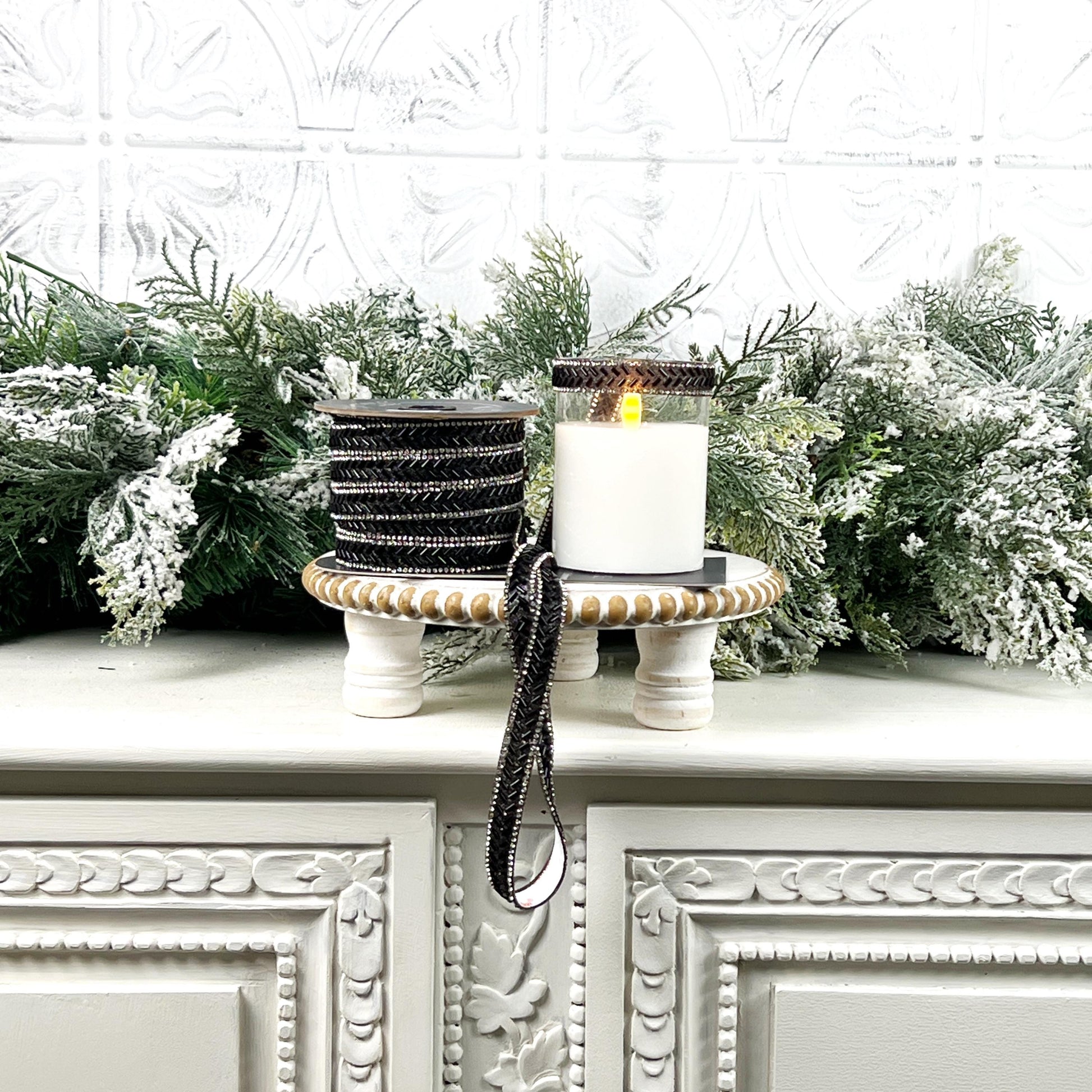 Farrisilk Black Baguette Jewel Ornamate, Self-Adhesive Black Ribbon with Rhinestones, Elegant Designer Trim for Holiday or Event Decor