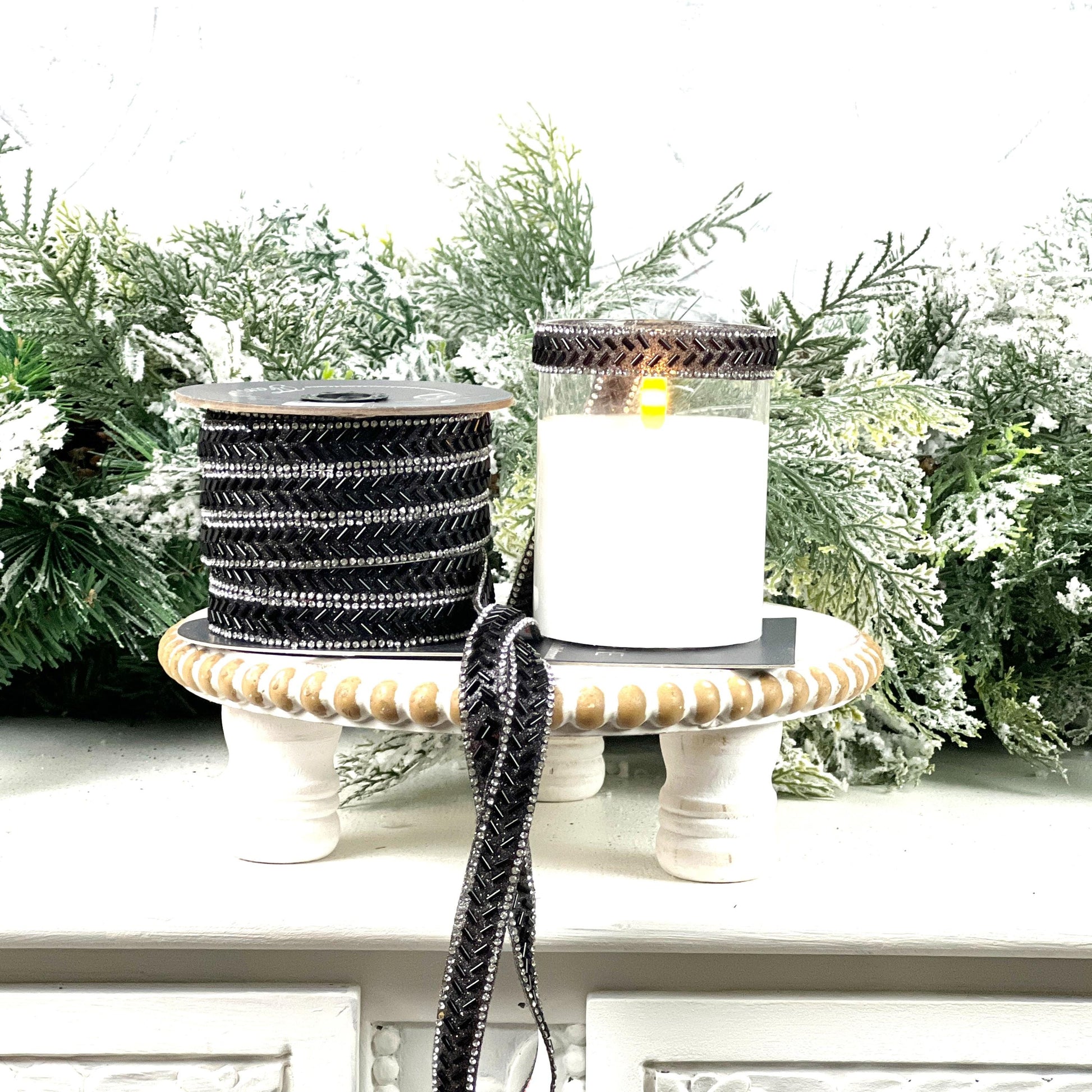 Farrisilk Black Baguette Jewel Ornamate, Self-Adhesive Black Ribbon with Rhinestones, Elegant Designer Trim for Holiday or Event Decor