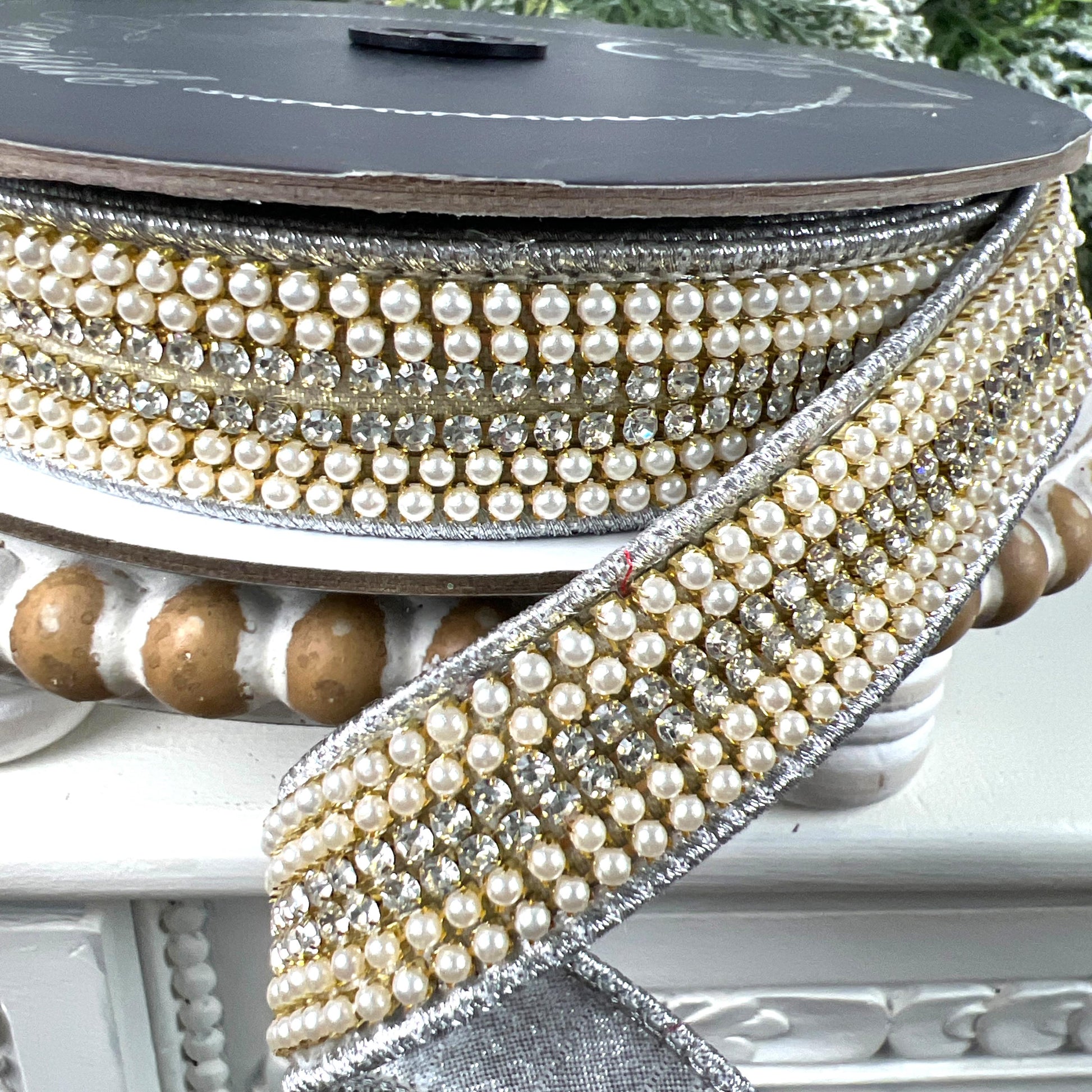 Farrisilk Pearls and Gems Ribbon, Jeweled Silver Designer Ribbon for Holiday or Year Round Decor