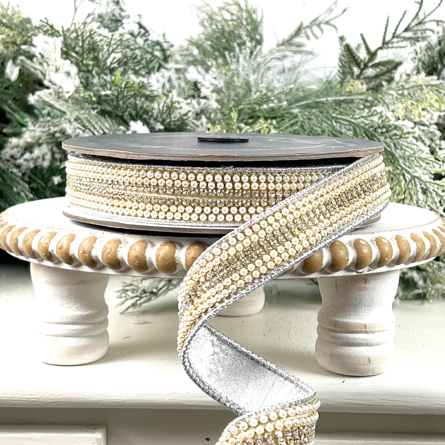 Farrisilk Pearls and Gems Ribbon, Jeweled Silver Designer Ribbon for Holiday or Year Round Decor