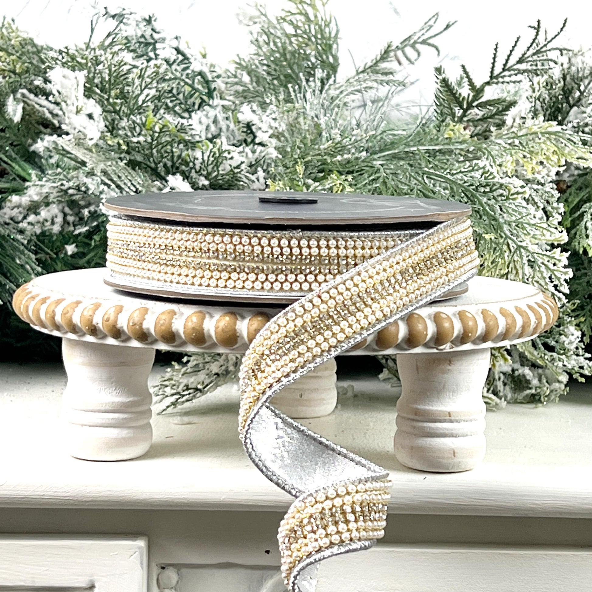 Farrisilk Pearls and Gems Ribbon, Jeweled Silver Designer Ribbon for Holiday or Year Round Decor