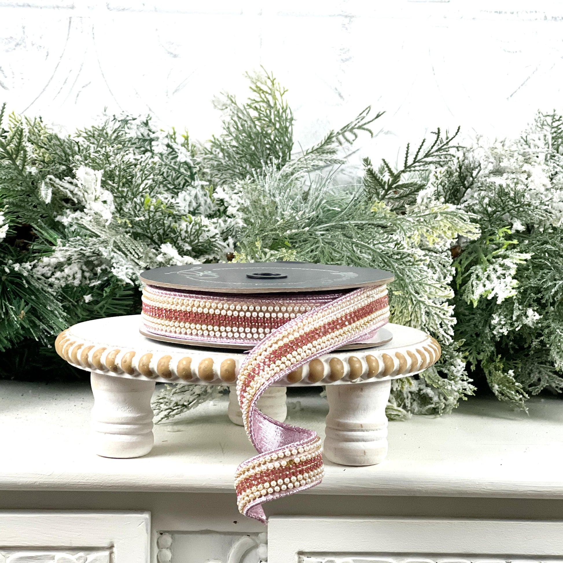 Farrisilk Pearls and Gems Ribbon, Pink Jeweled Designer Ribbon for Holiday or Year-Round Decor