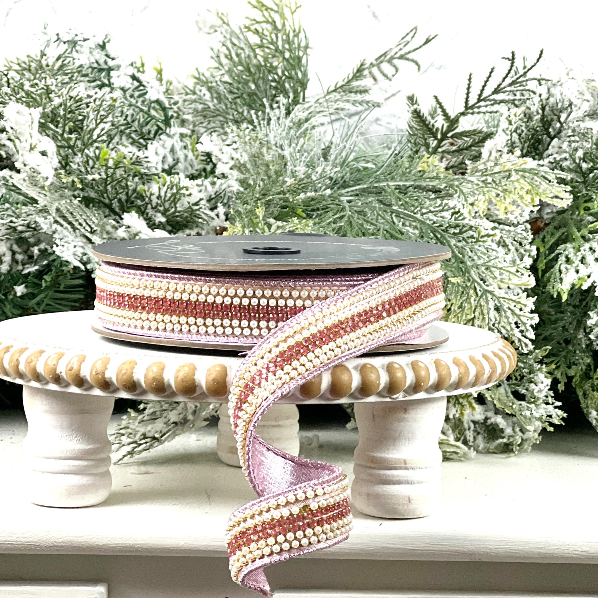 Farrisilk Pearls and Gems Ribbon, Pink Jeweled Designer Ribbon for Holiday or Year-Round Decor