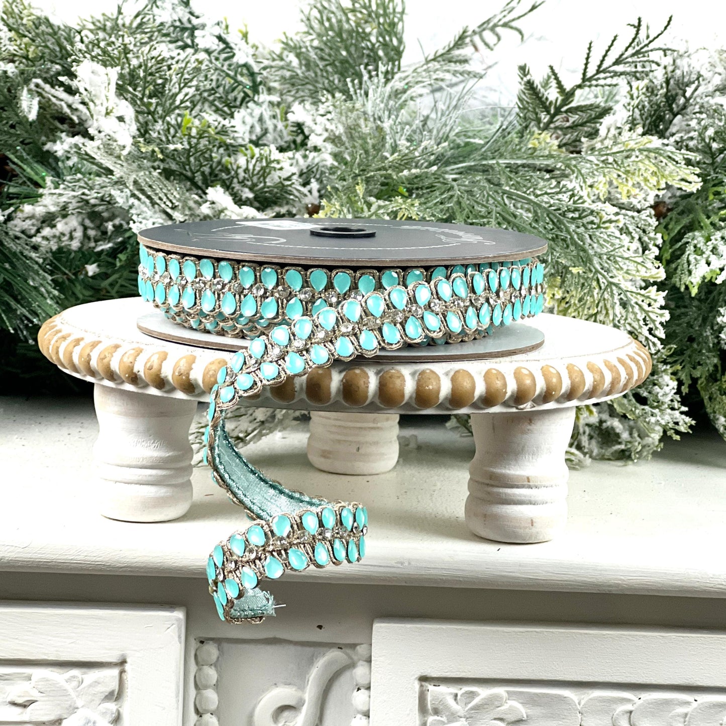 Farrisilk Light Blue Jeweled Ribbon, Platinum Designer Ribbon for Holiday or Year-Round Decor