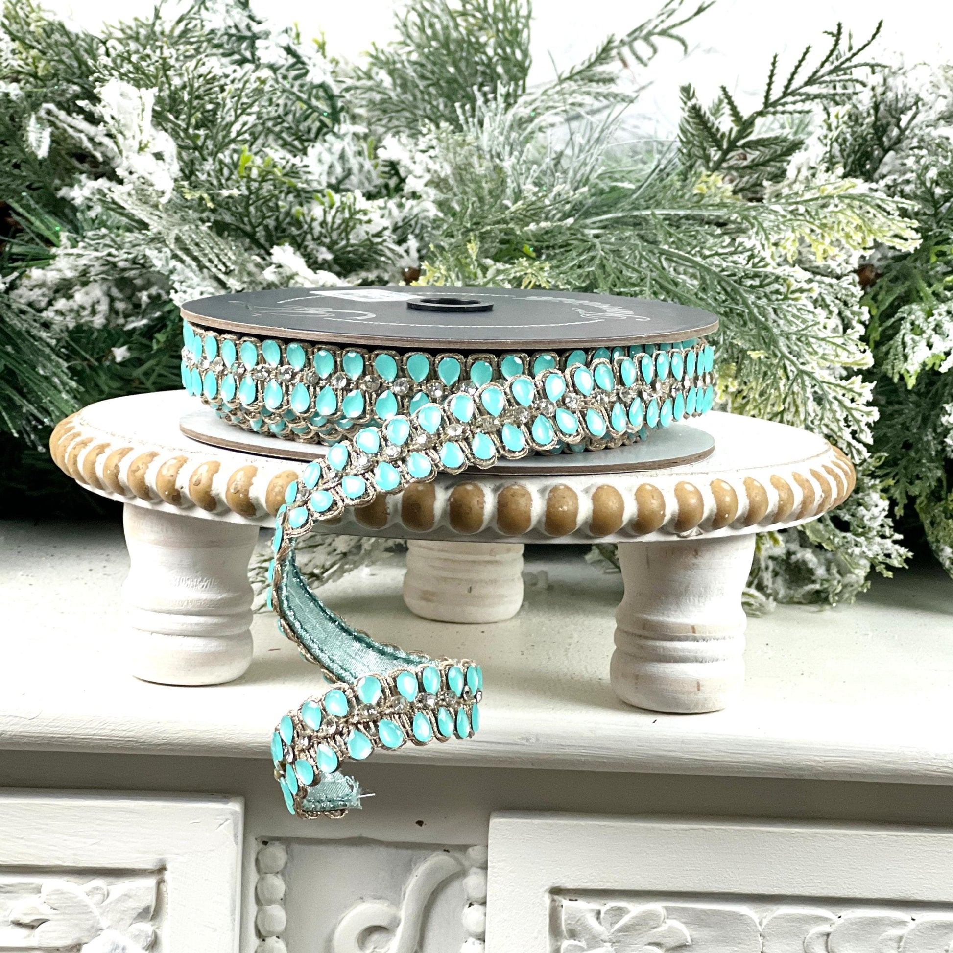 Farrisilk Light Blue Jeweled Ribbon, Platinum Designer Ribbon for Holiday or Year-Round Decor