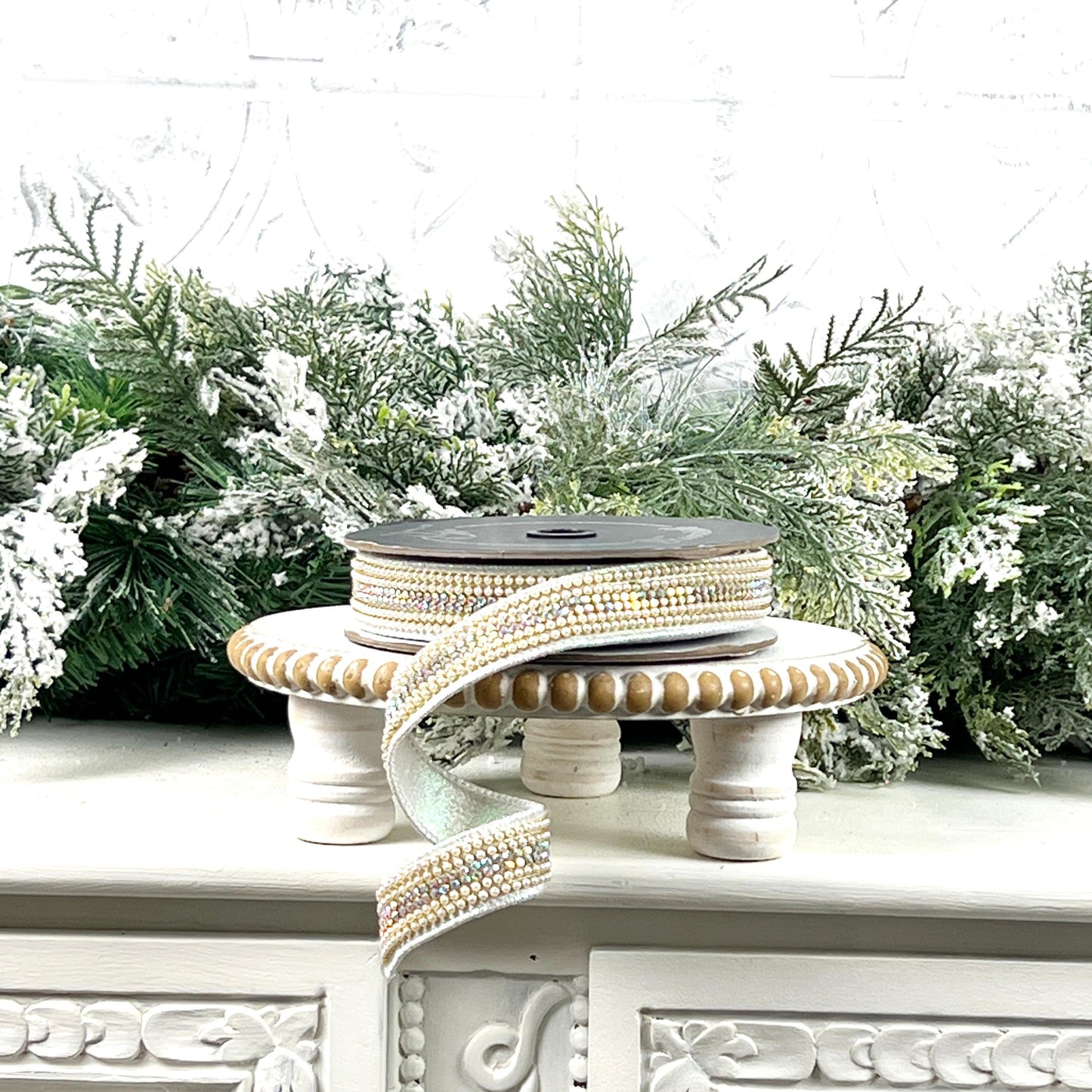 Farrisilk Pearls and Gems Ribbon, Iridescent Jeweled Designer Ribbon for Holiday or Year-Round Decor