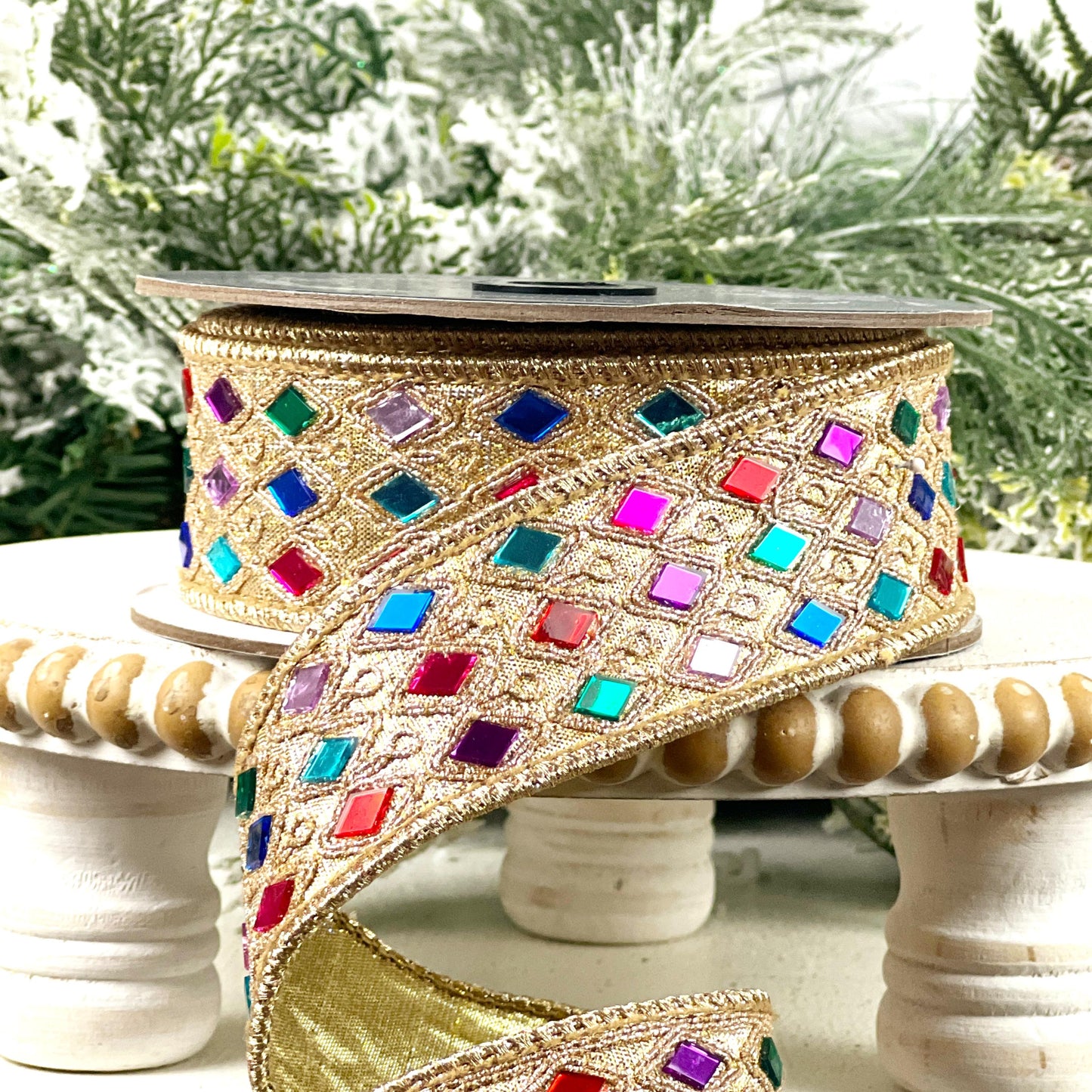 Farrisilk Jeweled Harlequin Ribbon, Gold Designer Ribbon with Multicolor Gems for Holiday or Year-Round Decor