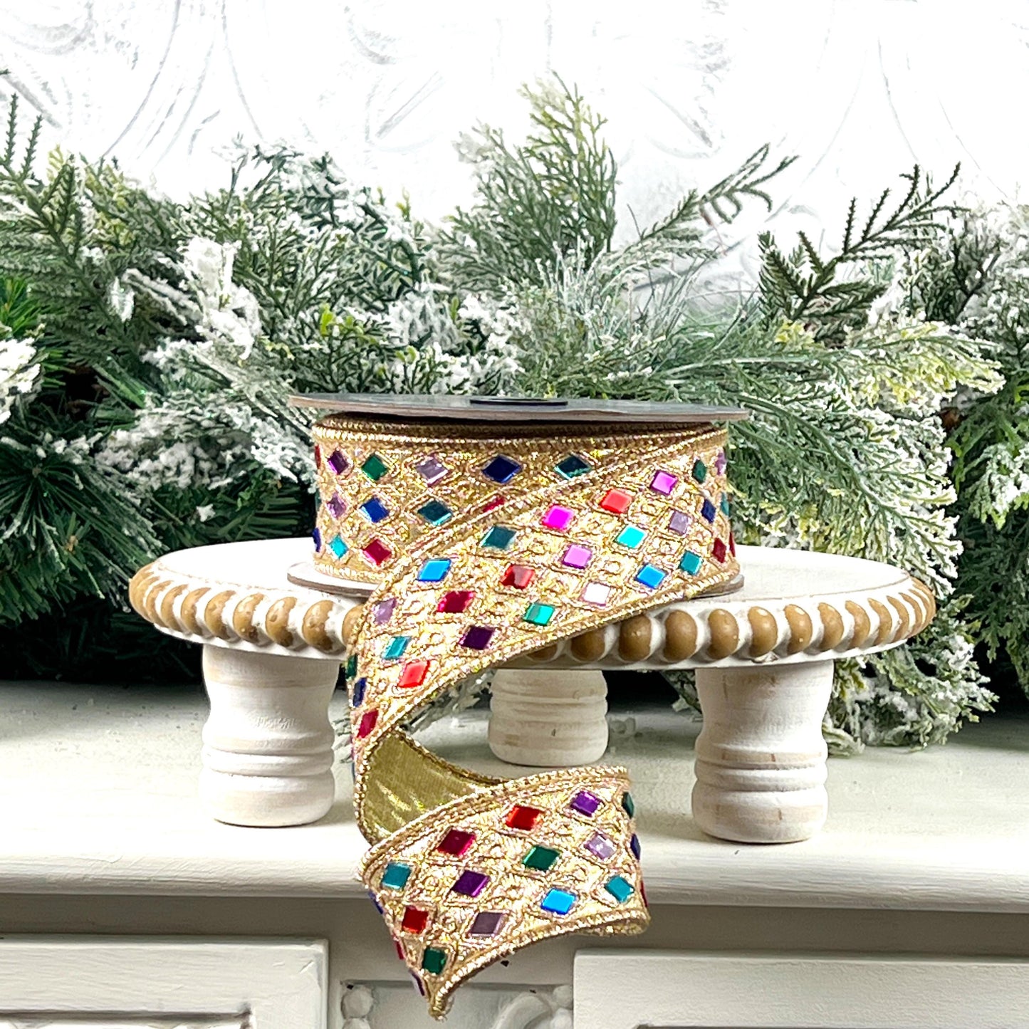 Farrisilk Jeweled Harlequin Ribbon, Gold Designer Ribbon with Multicolor Gems for Holiday or Year-Round Decor