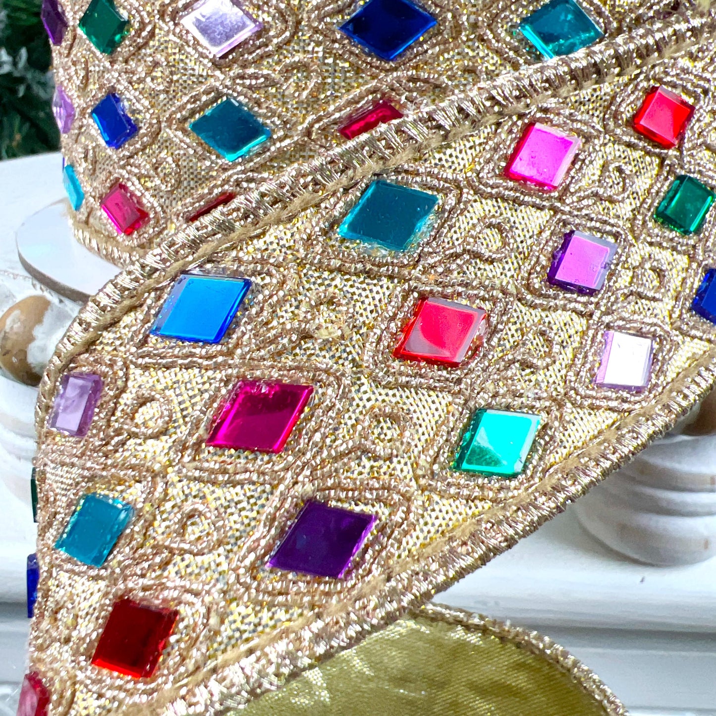 Farrisilk Jeweled Harlequin Ribbon, Gold Designer Ribbon with Multicolor Gems for Holiday or Year-Round Decor